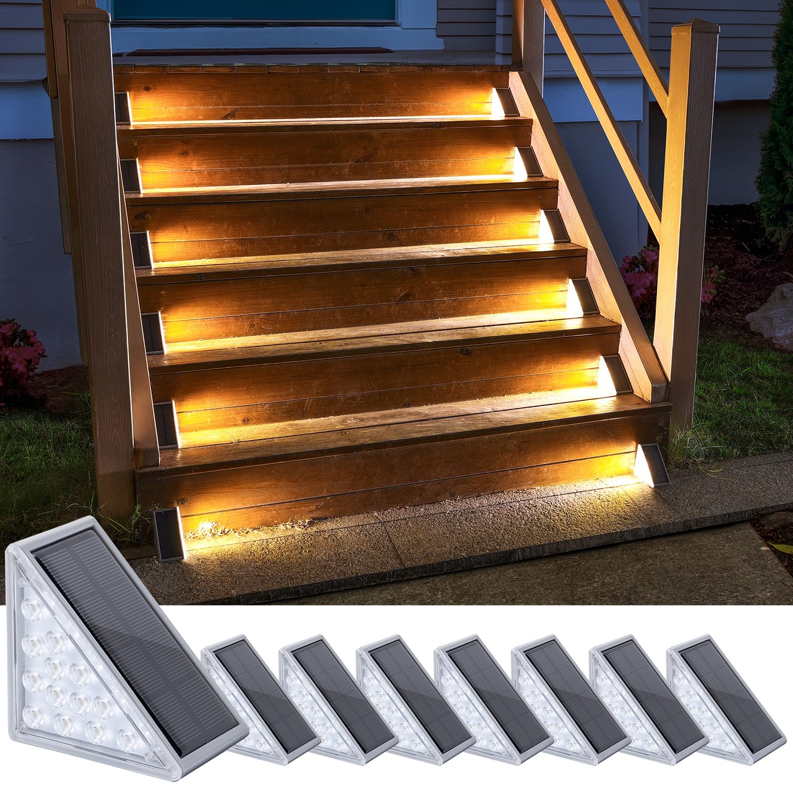 NIORSUN Solar Step Lights 8 Pack - Outdoor Stair Lights with 3000K Warm White &amp; 6000K Cool Daylight, IP67 Waterproof, Auto On/Off, Super Bright for Deck, Patio, Steps
