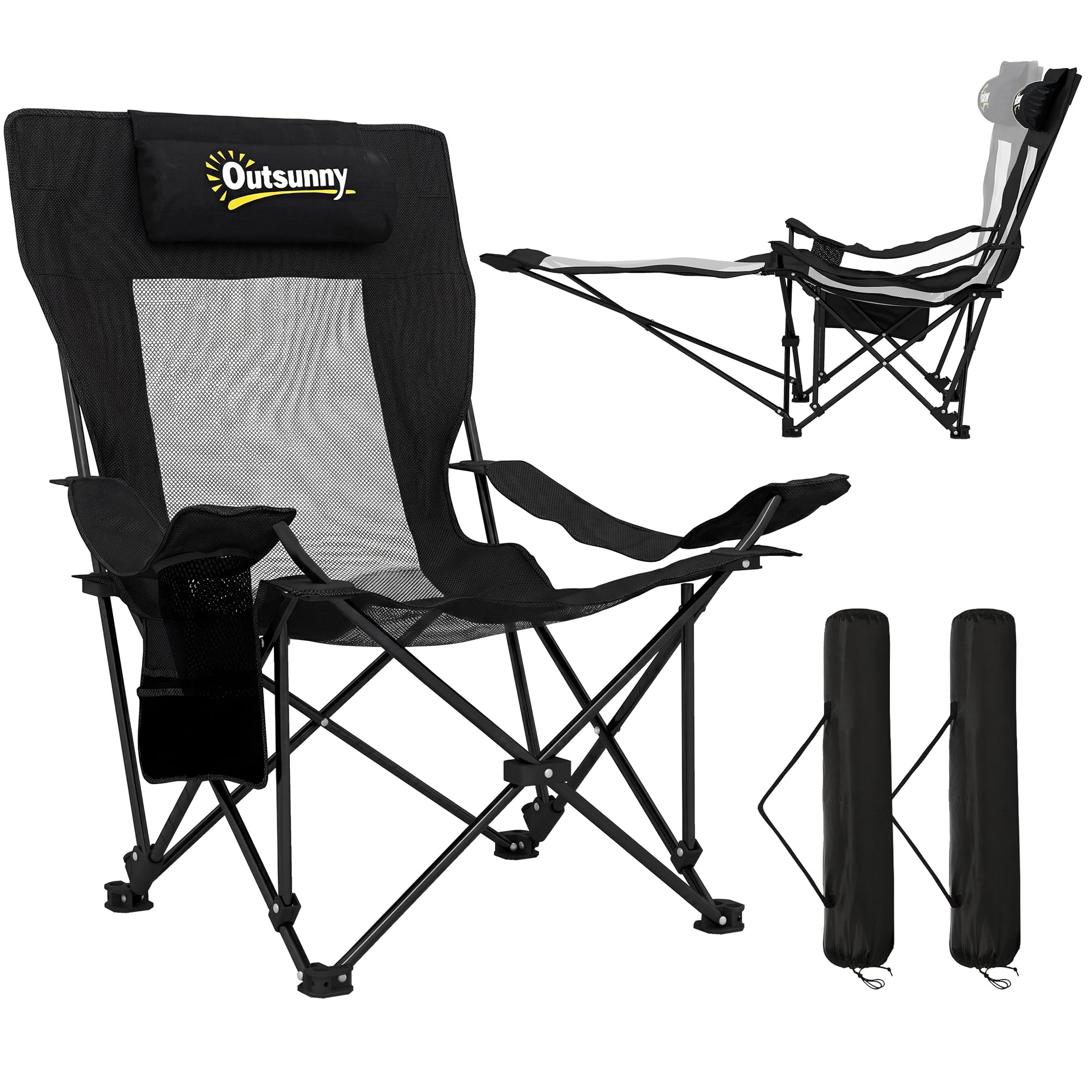 Outsunny Set of 2 Reclining Folding Camping Chair, Portable Camp Chair with Adjustable Backrest, Footrest, Storage Pocket, Cup Holder and Headrest, for Camping, Beach, Picnic, Black
