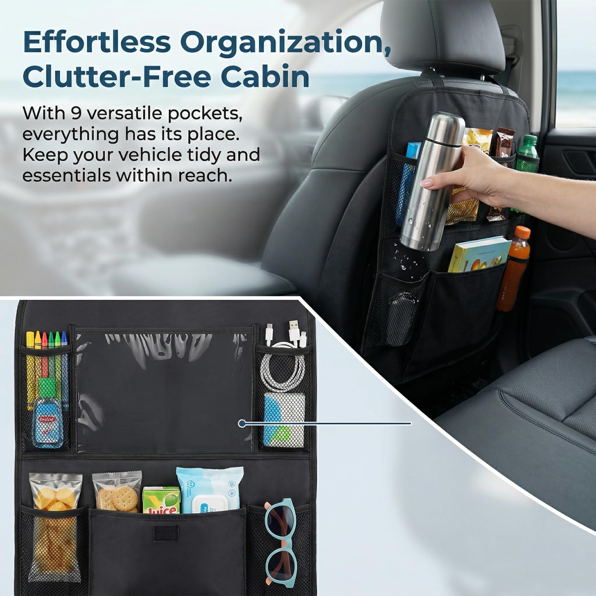 2 piezas Organizador Asiento Coche, Protectores de Asiento para Coche, Universal Multi-Bolsillo Protector Trasero del Ssiento de Coche para Niños, con Almacenamiento para Tabletas