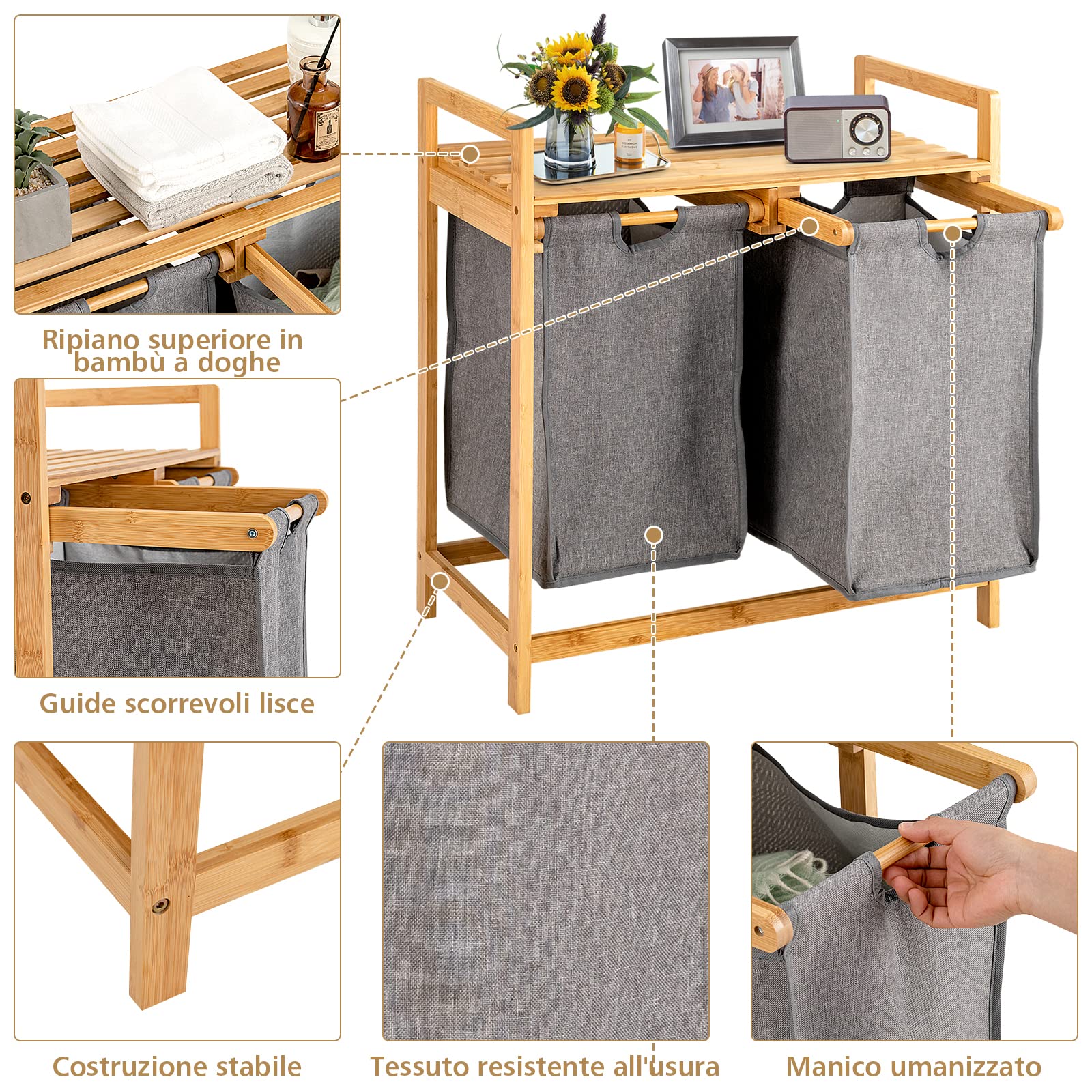 COSTWAY 70 L Cesto della Biancheria Sporca in Bambù Ecologico Naturale, Portabiancheria Sporca a 2 Scompartimenti con Borse Rimovibili, Anti-odore e Durevole, per Bagno e Lavanderia (Grigio)