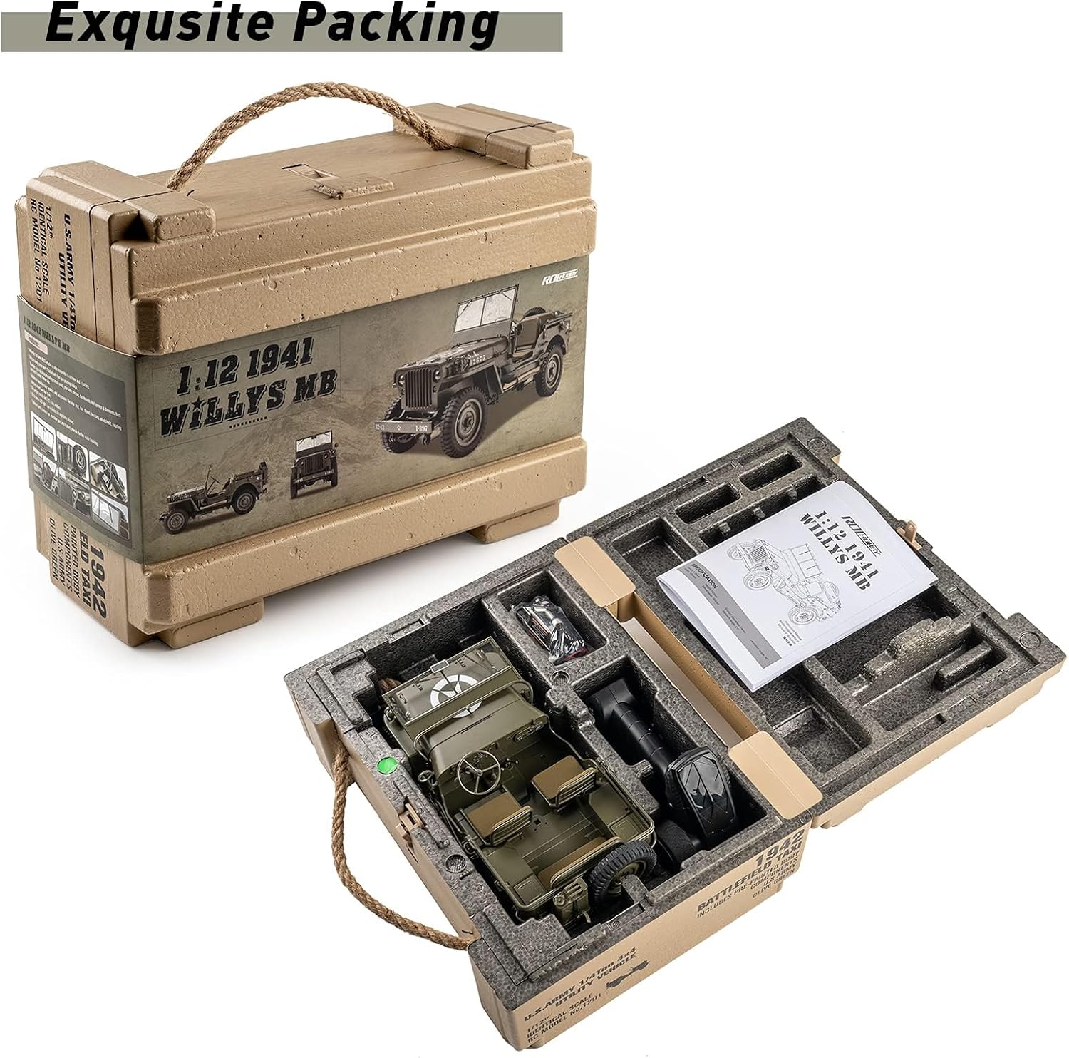The FCX RocHobby 1941 Willys MB Scaler RC Jeep in its protective, themed packaging, showing the organized contents including the vehicle, remote, and manual.