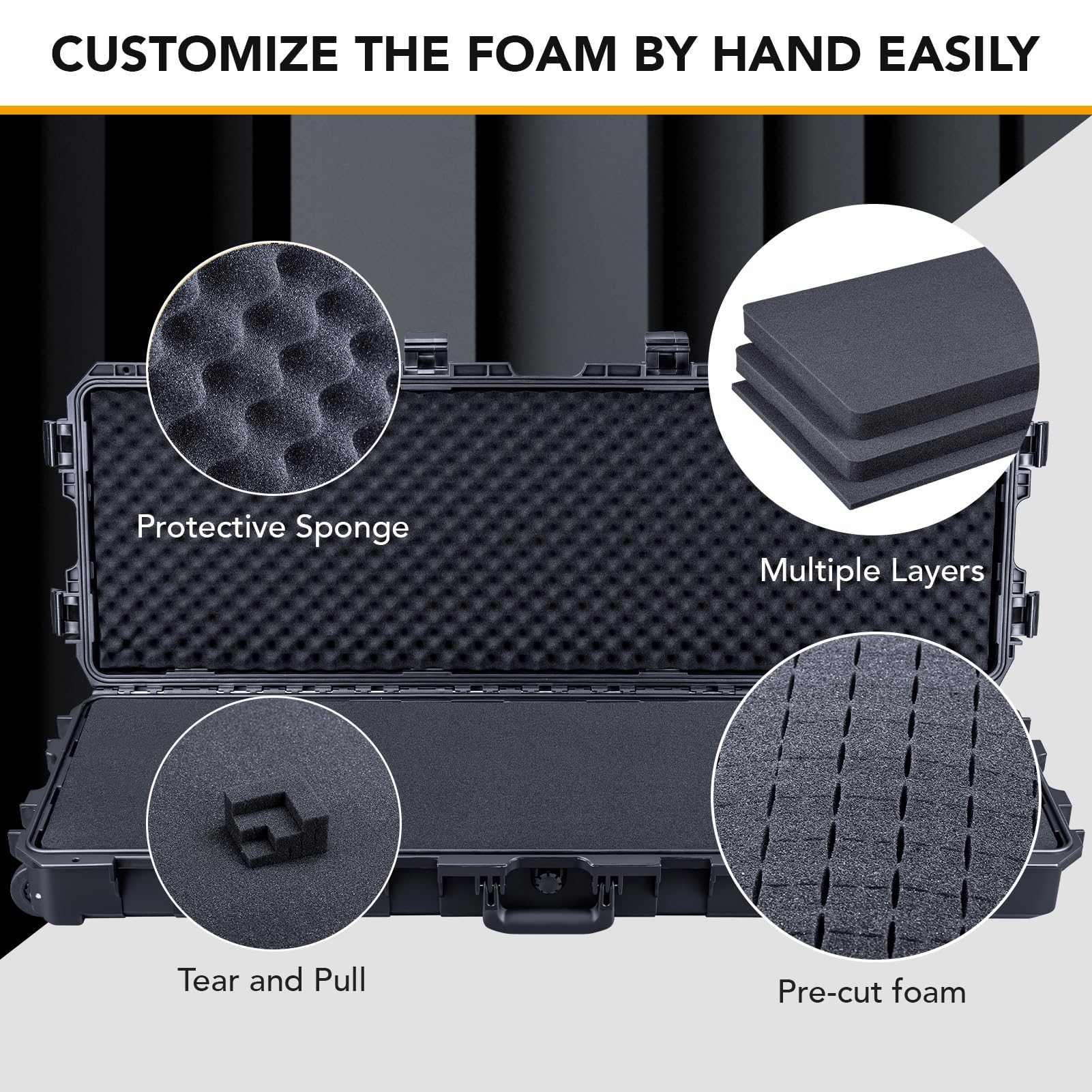 Lykus HC-11010 Long Waterproof Hard Case with Customizable Foam Insert and Wheels, Interior Size 42.05x13.19x5.12 in, Suitable for long items