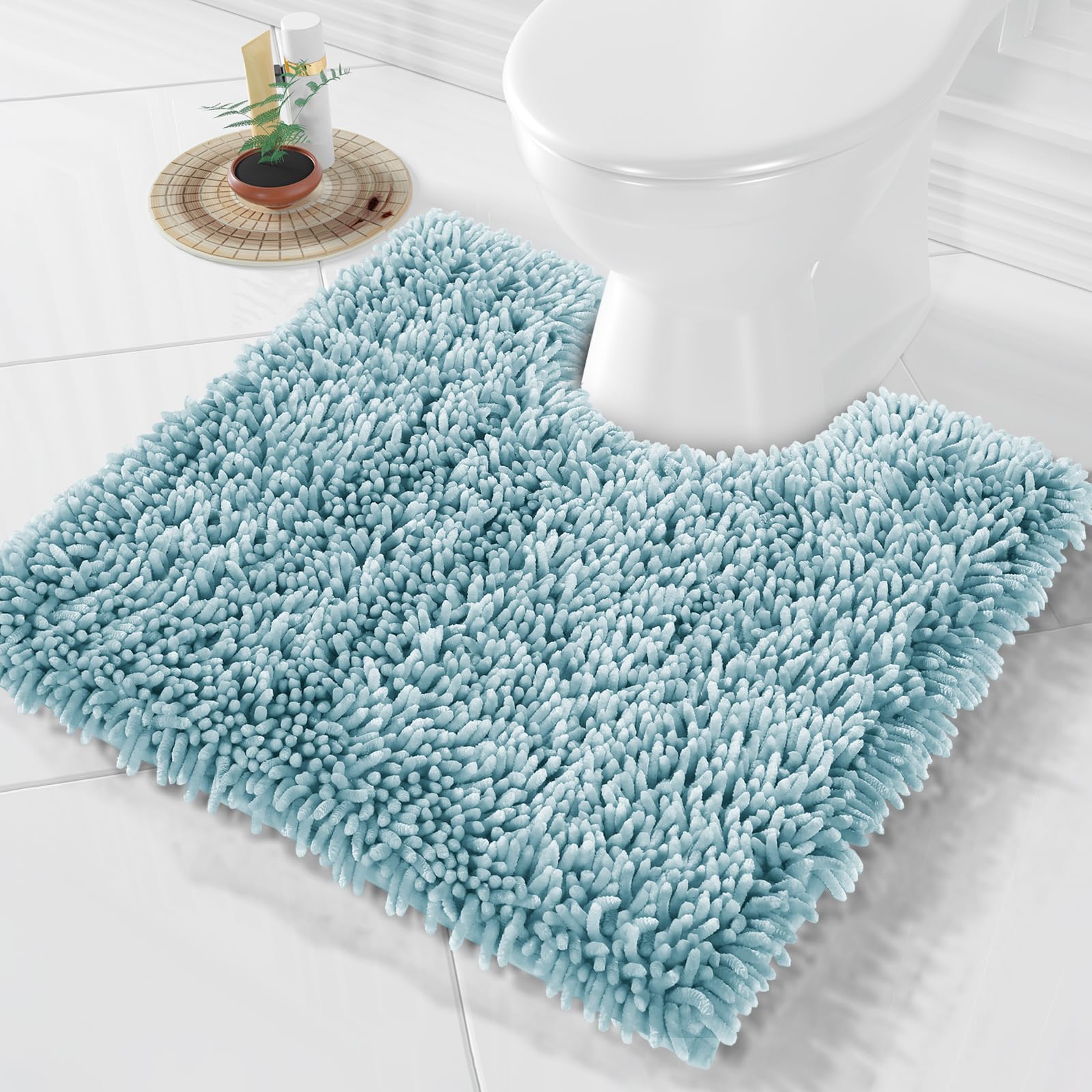 Yimobra Toilet Rugs U Shaped Washable, Extra Thick Soft Absorbent Chenille Contour Bathroom Rugs for Toilet 24x24 Inch, Quick Dry Non Slip Toilet Mat for Bath Floor, Greyish Blue