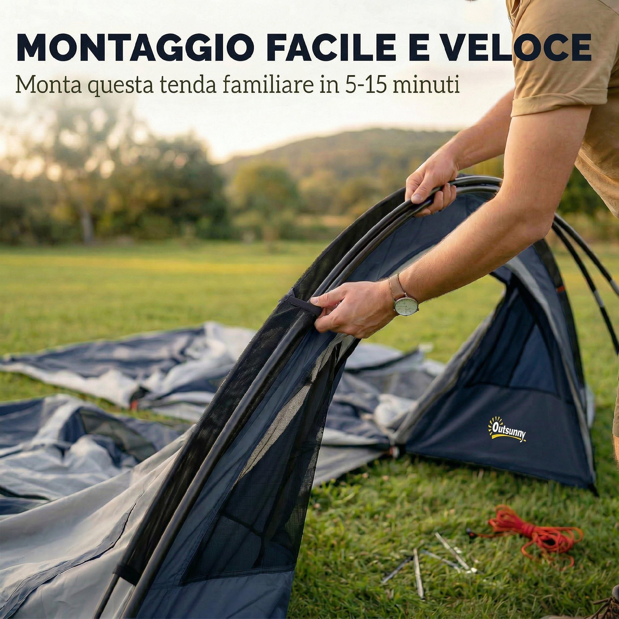 Outsunny Tenda Campeggio a Tunnel per 2-4 Persone Alta 213cm con 2 Stanze, Tenda da Campeggio Familiare Impermeabile 3000mm Veranda, Finestre, Tasche, Gancio, Borsa Trasporto per Trekking, Blu Navy