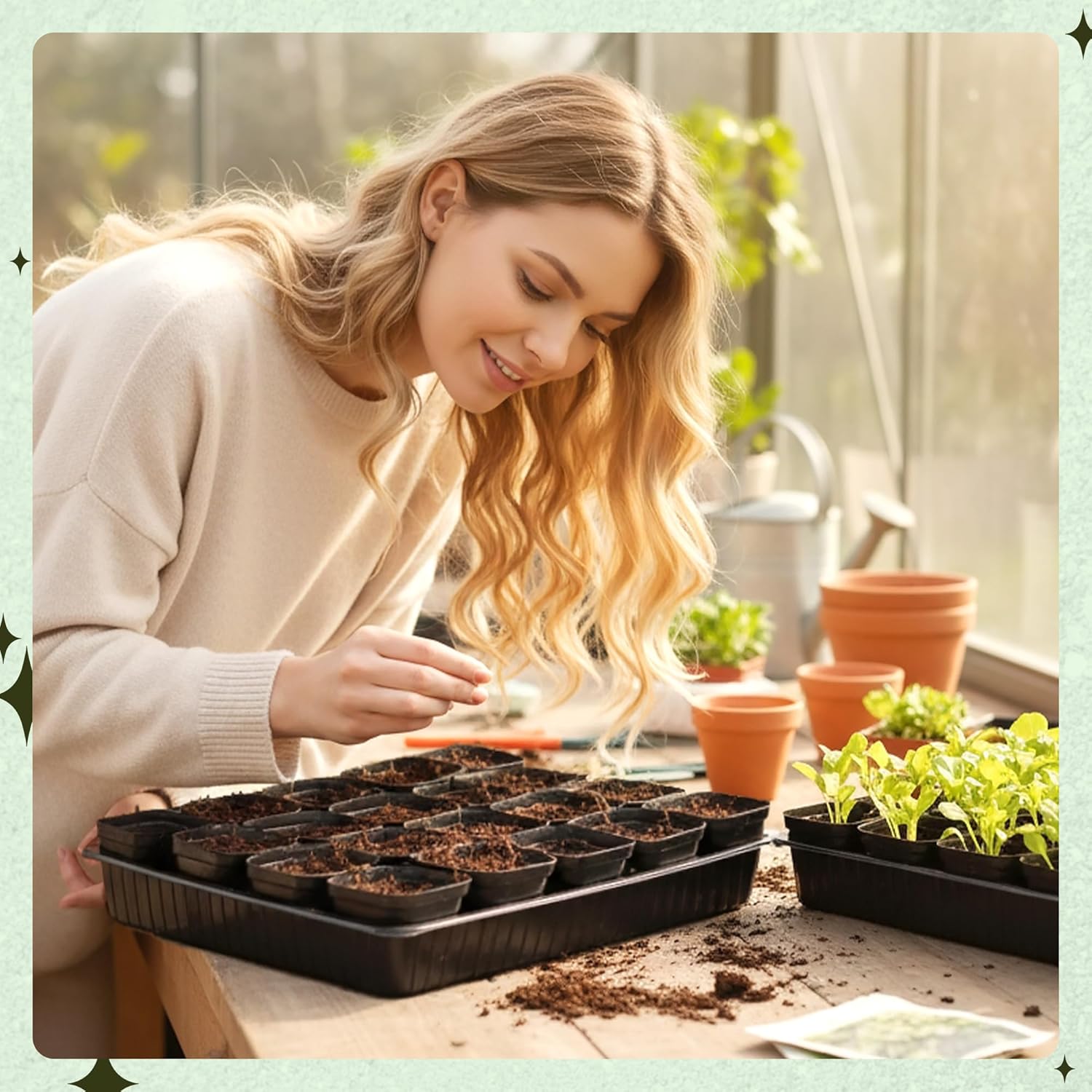 100 Pcs Square Nursery Pots, 5 Pcs Seed Starter Tray, 2.6 inch Nursery Pots with Tray, Plastic Starter Pots for Planting Seeds, Reusable Seed Starting Pots with Drainage Holes (Plastic)