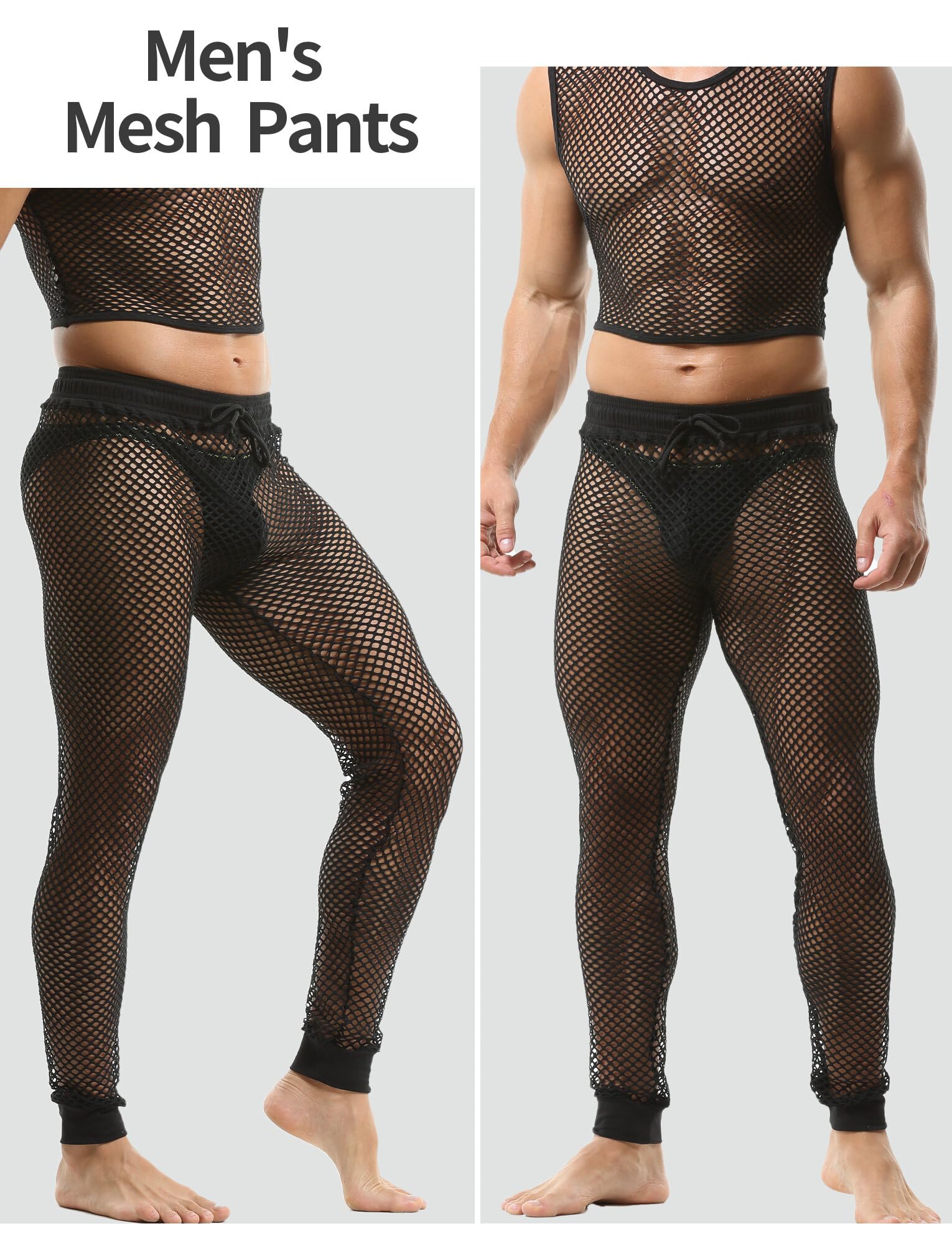 AIEOE Pantalones de malla para hombre, ropa interior de malla con cordón, cintura baja, ajuste muscular
