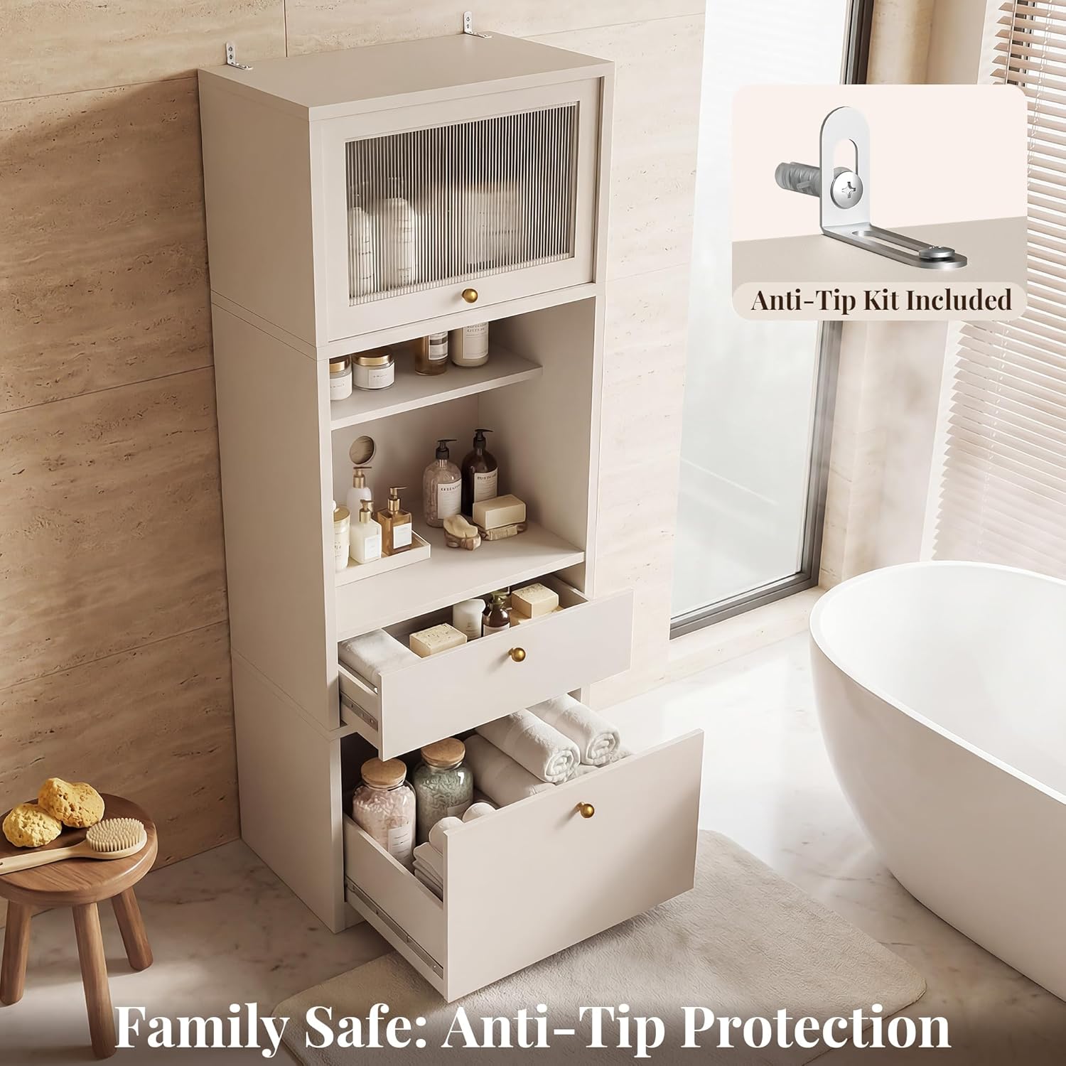 71''Tall Kitchen Pantry Cabinet with Oversized Microwave Shelf & Coffee Station-Tall Extra Deep Storage Hutch, Fluted Acrylic Doors,Adjustable Shelves,Drawers, Anti-Tip,White