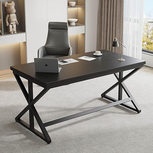 Miniatura 6 de IBF Escritorio de Oficina Negro, Escritorios Simples de Madera para Computadora con Patas de Metal, Mesa de Trabajo de Estudio Moderna para