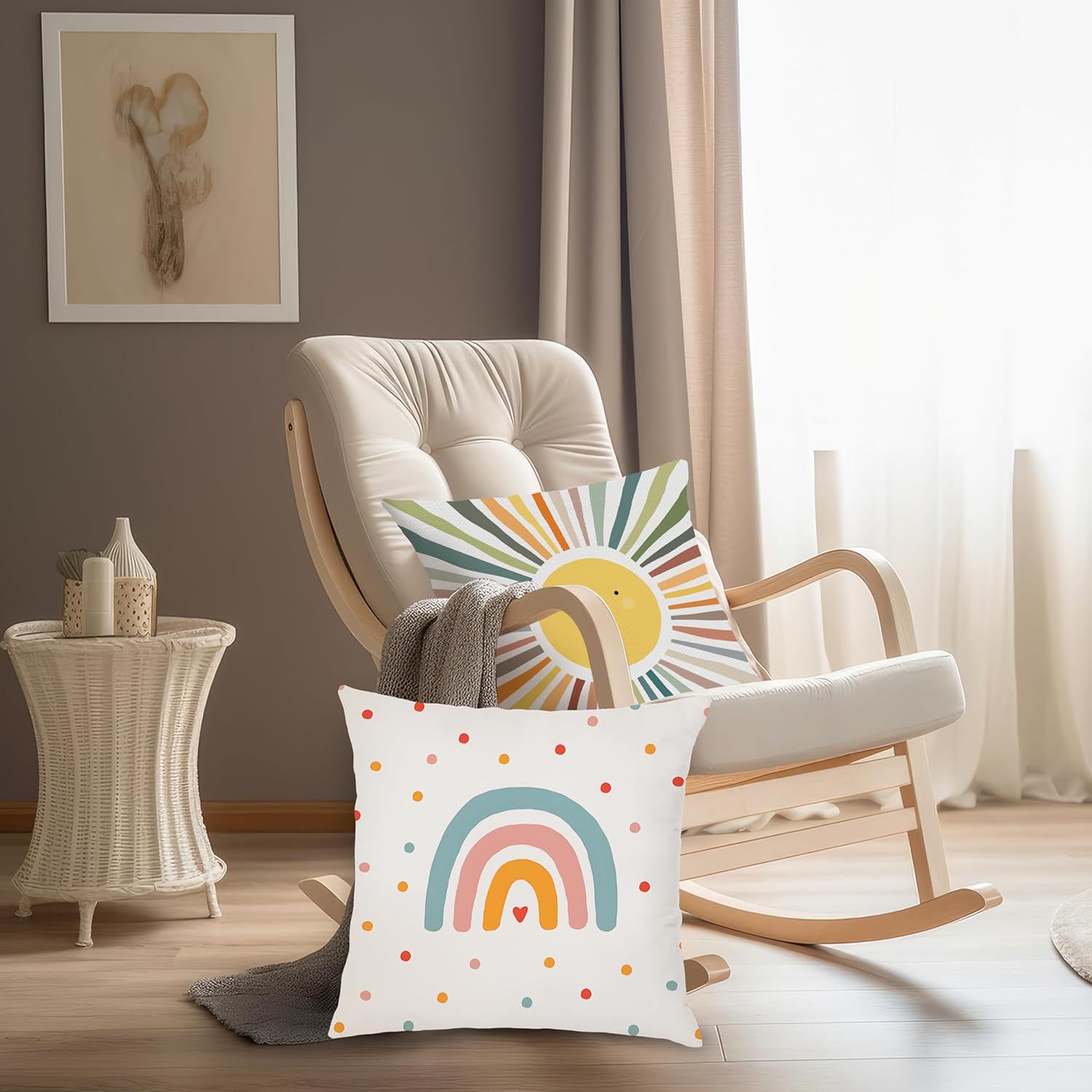 Cute Boho Rainbow Sun Sunshine Pillow Decor Cover 18x18cinch, Mid Century Modern Boho Rainbow Sun Decor Pillow Cases for Girls Room Kids Room Bed Couch - Image 5