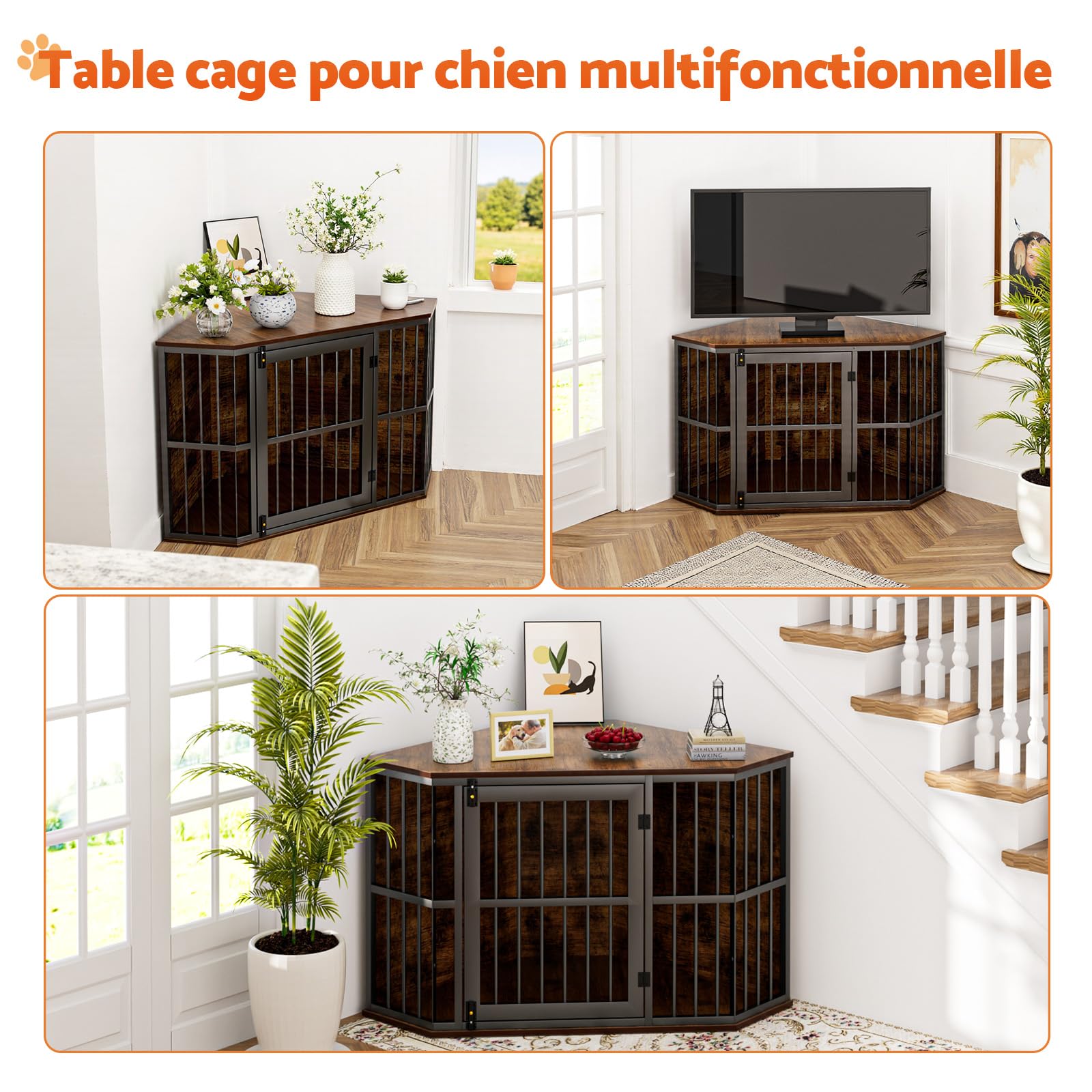 Gimars Meuble d’Angle pour Chien, Cage Décorative en Bois, Table d’Appoint Intérieure pour Chien de Petite et Moyenne Taille, Marron