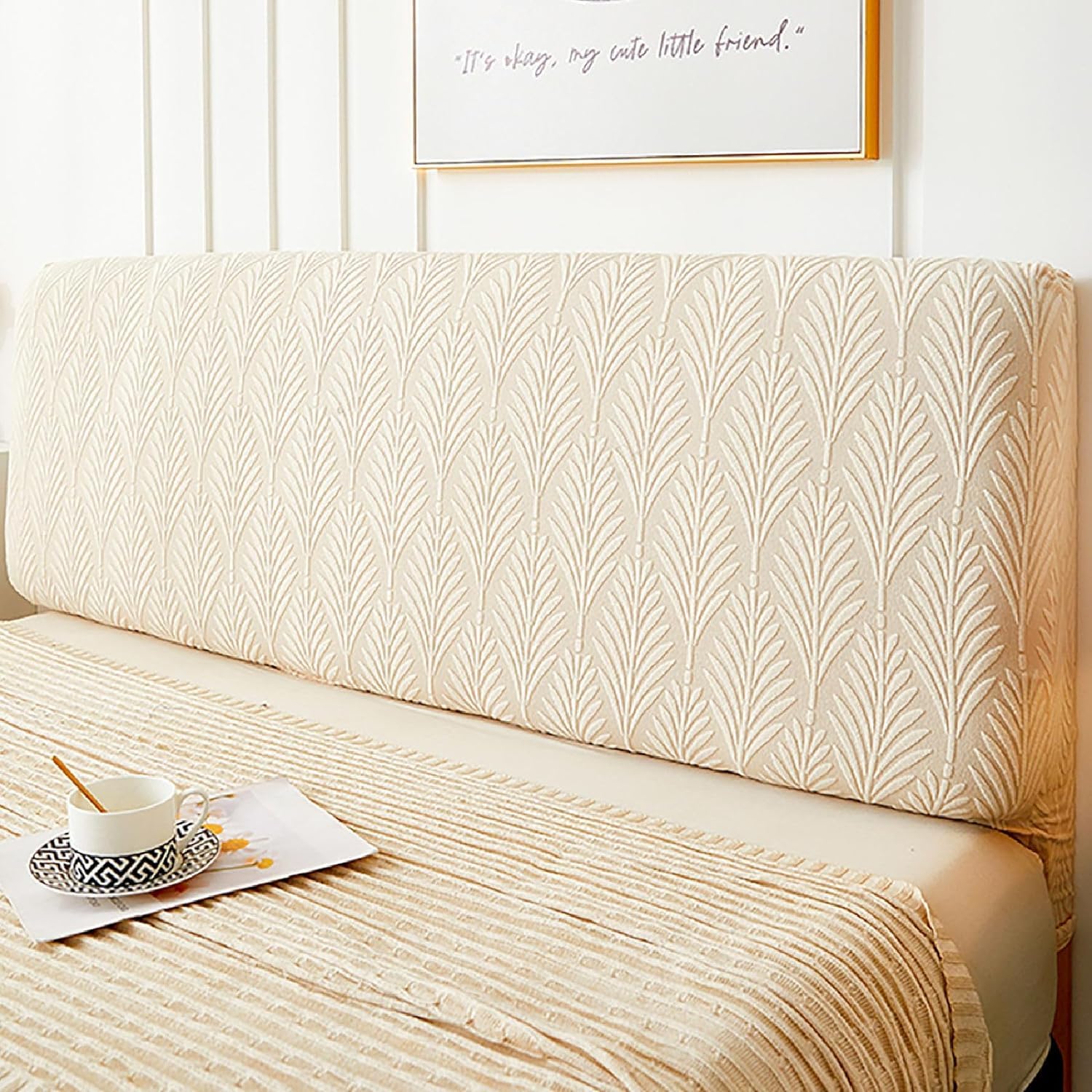 YOPOIY Housse De Tête De Lit Extensible en Jacquard, Housse De Tête De Lit Douce pour Protection Anti-poussière Queen pour Décoration De Chambre (Beige,140-160cm)