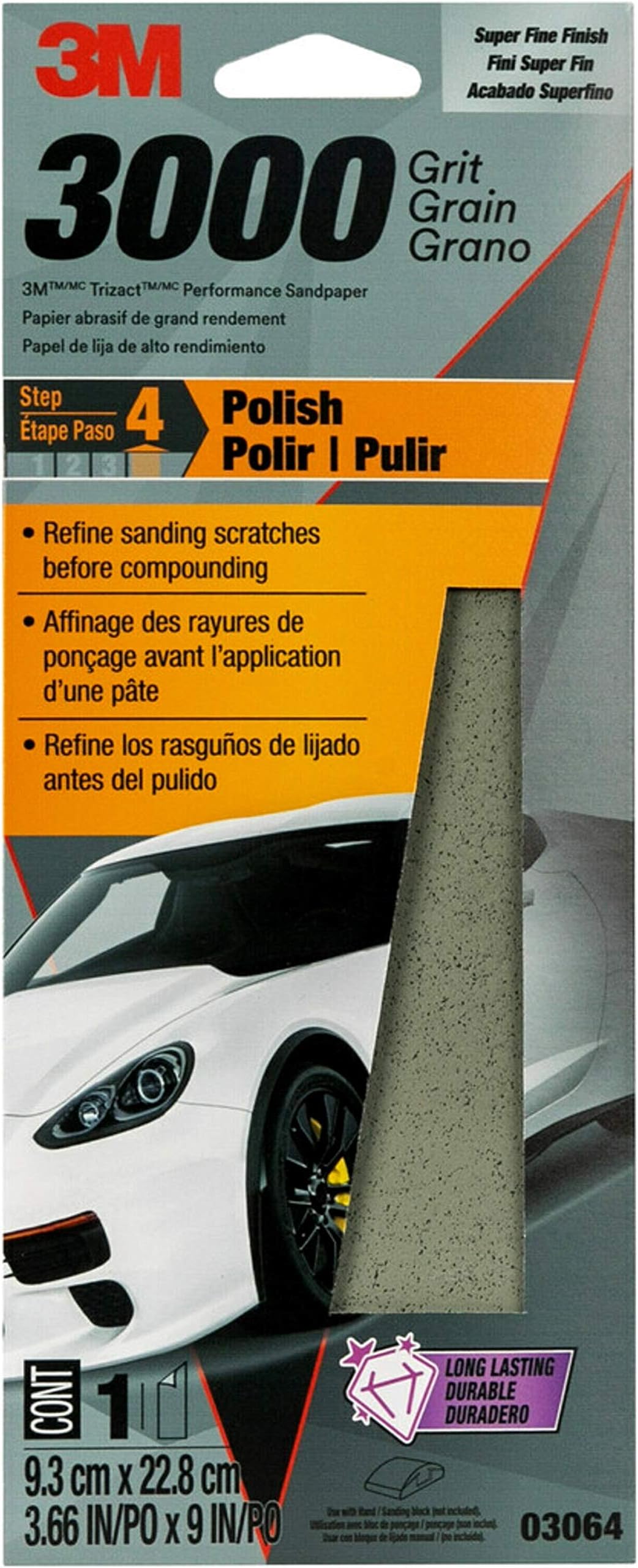 3M Performance 3000 Grit Sandpaper, 3-2/3 in x 9 in, Polish Clear Coat and Paint, Restore Shine, Ideal for Detailed Finishing and Polishing, Very Fine Grade Abrasive for Refined Finishes (03064)