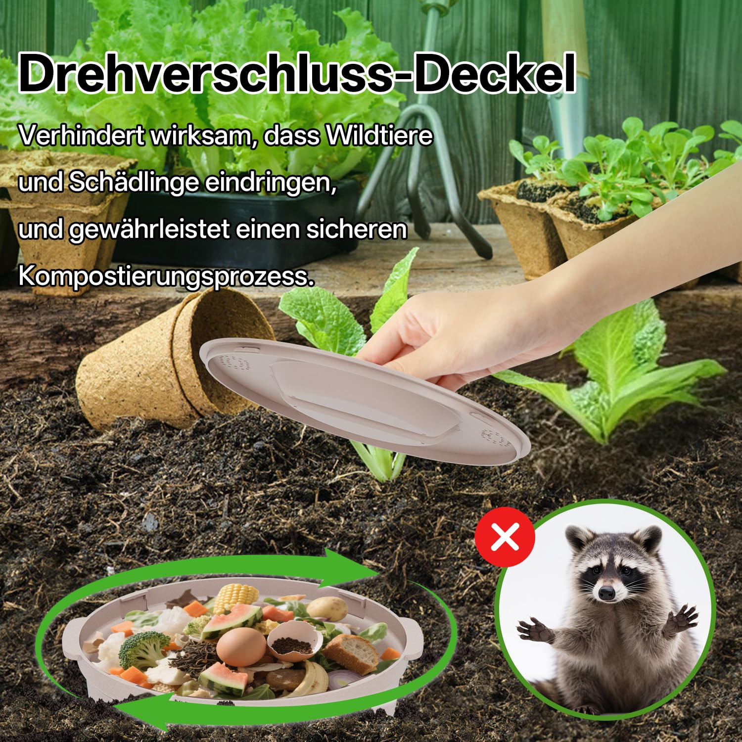 Unterirdischer Wurmkomposter 12,5 L – Beetkomposter zum Eingraben für Garten, Kompostiert Küchenabfälle, aus Kunststoff, Taupe, 27,3x27,3x33 cm