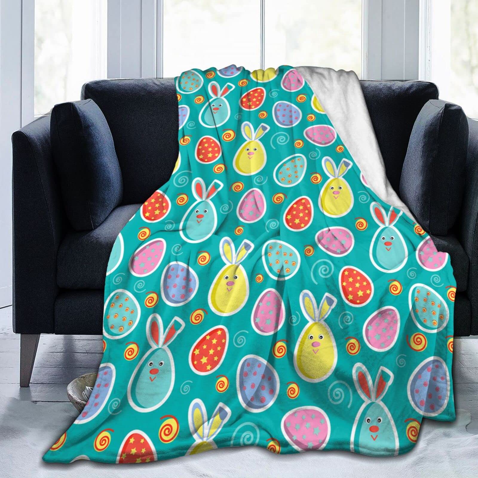 Lsjuee Eggs and Easter Bunnies Throw Blanket Soft Cozy Lightweight Blankets Easter Gift Flannel Blanket for Sofa Couch Bed Office Holiday Decorative 80"X60"