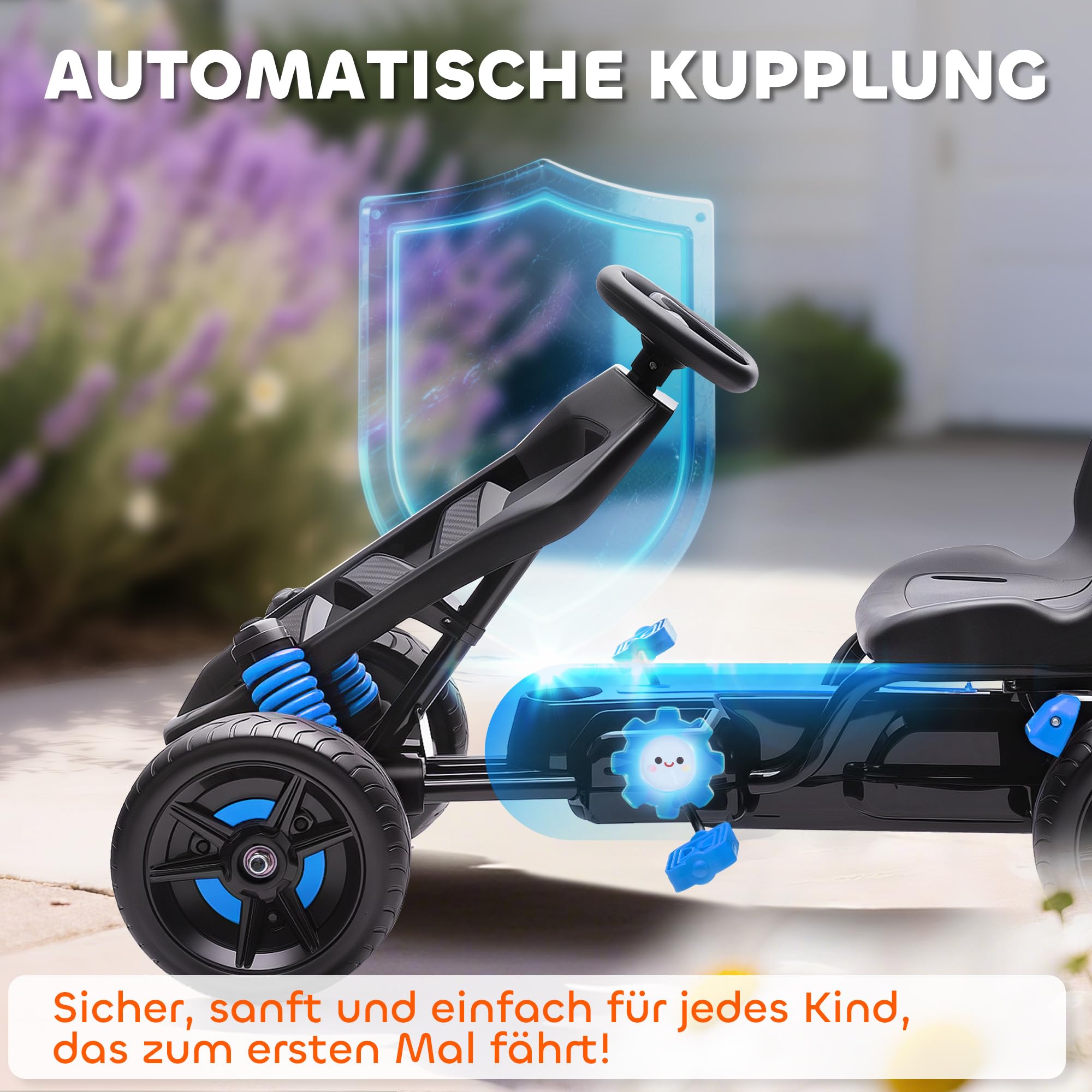 AIYAPLAY Gokart Tretauto mit Handbremse, Automatisches Kupplungssystem, Vor- und Rückwärtsgang, Tretfahrzeug mit rutschfest Eva-Räder Kinderfahrzeug Pedal-Gokart für Kinder 3-6 Jahren Blau