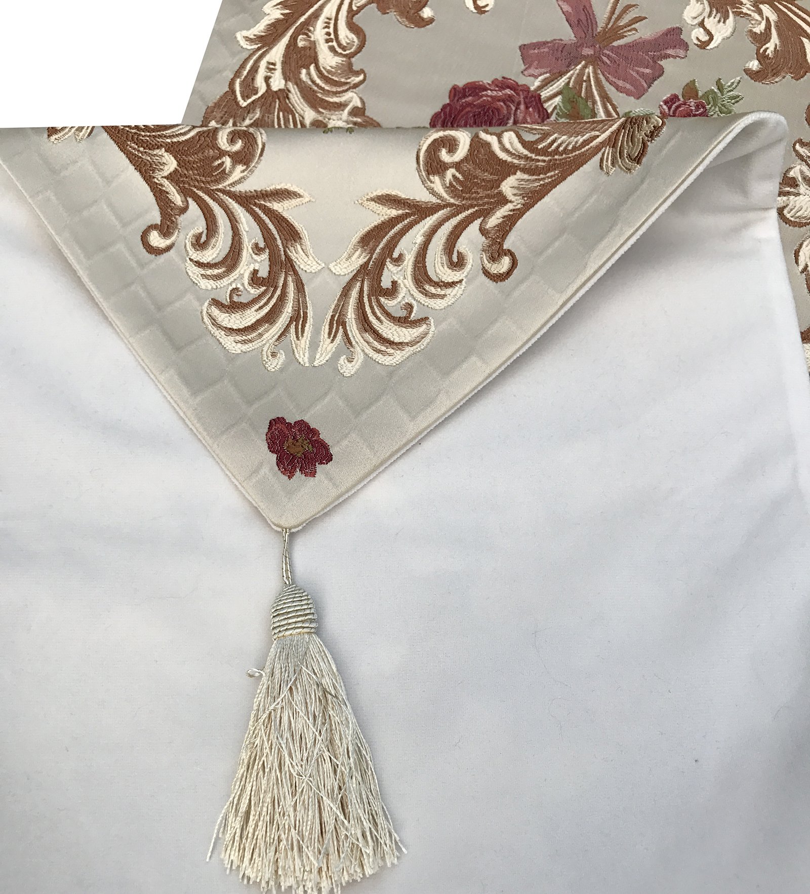 MAGILONA Home Tablecover Decorative Luxurious Cotton Linen Embroidered 3D Floral Pattern Table Runner with Tassel Dining Party 13x83 In (Coffee) - Image 4