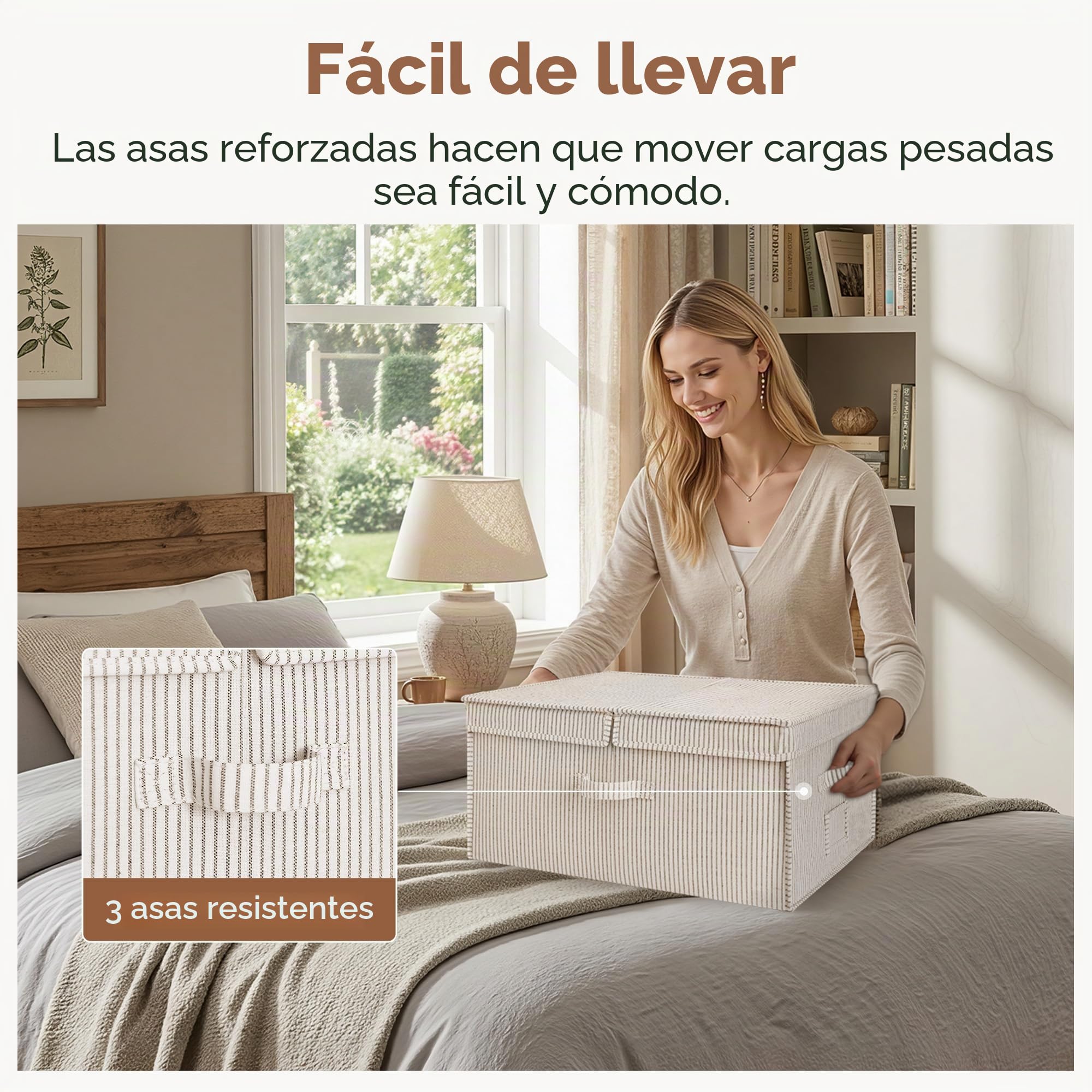 StorageWorks Cajas de almacenamiento de tela, cubos de almacenamiento grandes con tapa, 55L cubos decorativos con tapa, cajas organizadoras con asas, rayas beige, pack de 2
