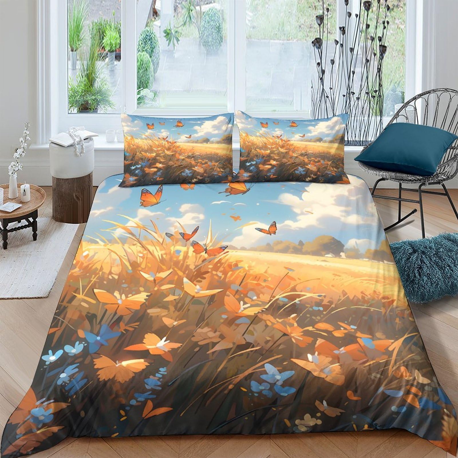 Ctjqhvkz Style-5 3D Printed Golden Meadow Fitted Sheet Microfiber Soft Orange Butterfly Bed Cover For Bedroom Guestroom Decor Single（135X200cm）