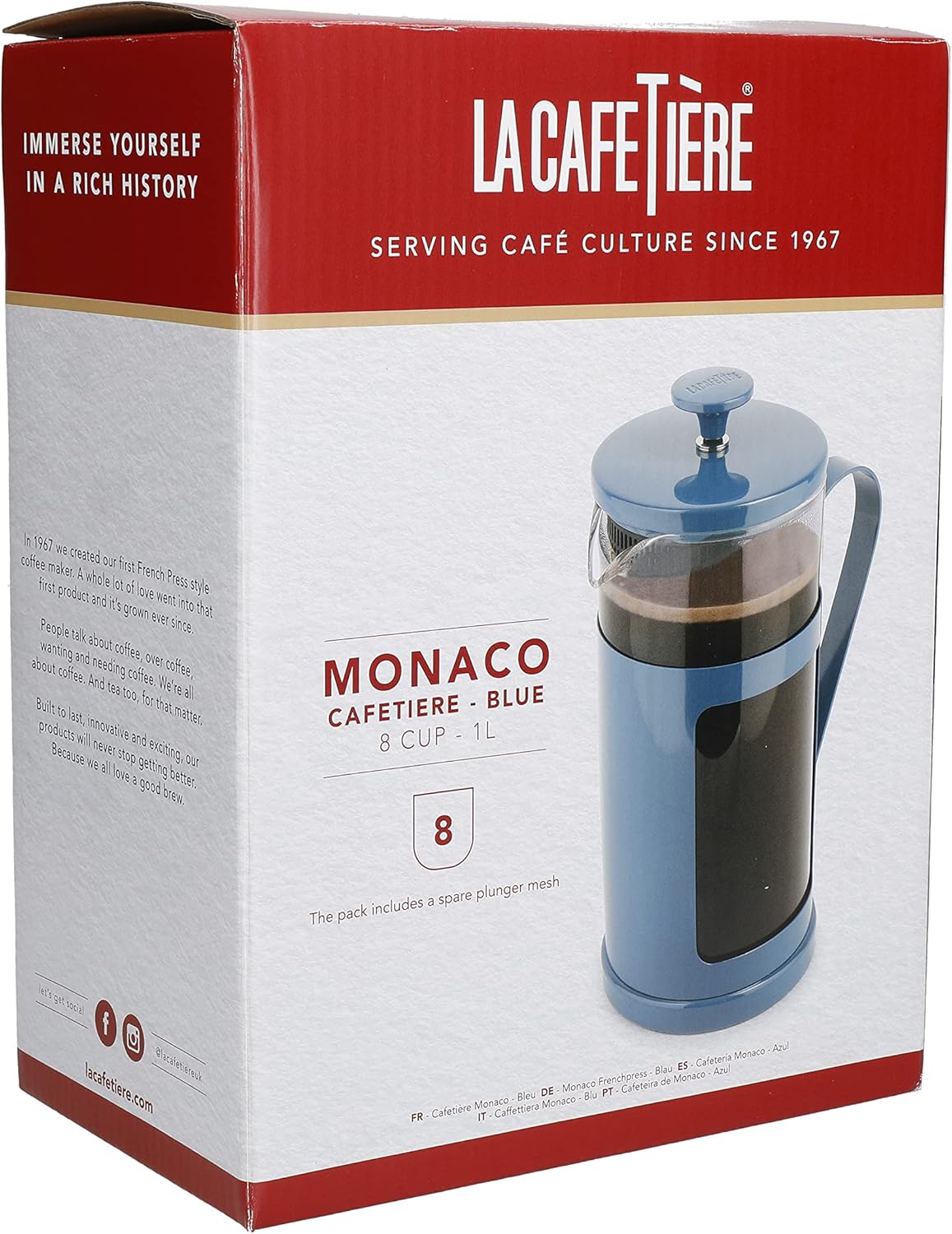 Monaco Stainless Steel Cafetière, Eight Cup, Blue, Gift Boxed