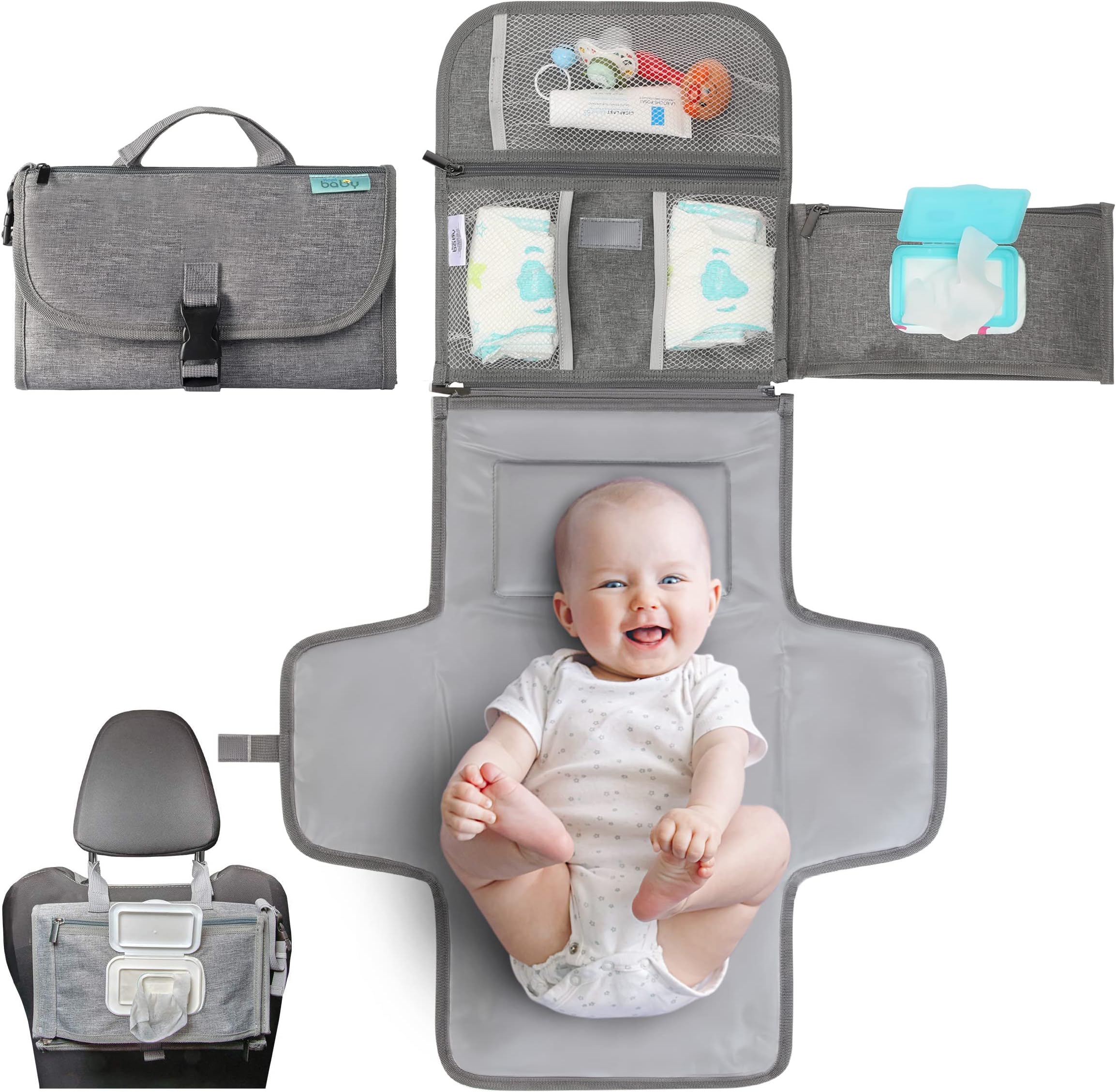 Portable Diaper Changing Pad - Baby Diaper Changer Travel Bag with Wipes Pocket, Smart Design Portable Changing Mat, Infant Travel Station Kit, Gift for Newborn Girl & Boy - Grey, Premium