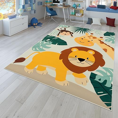 Paco Home Alfombra infantil de animales salvajes con jirafa y mono león en color beige, tamaño: 2'8" x 4'11"