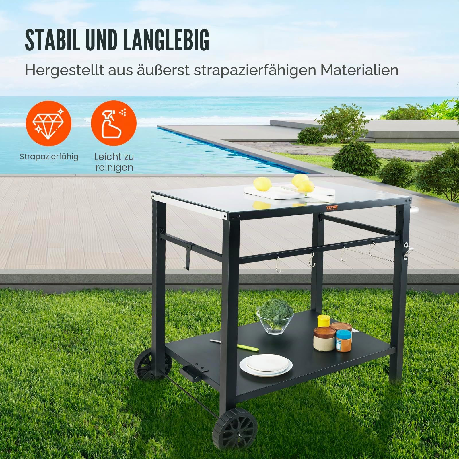 VEVOR Servierwagen Küchenwagen 100 x 64 x 83,5 cm Outdoor-Grill-Esswagen mit Doppelter Ablage, Beweglicher Grilltisch für die Zubereitung von Speisen, Multifunktionale Tischplatte aus Eisen Schwarz