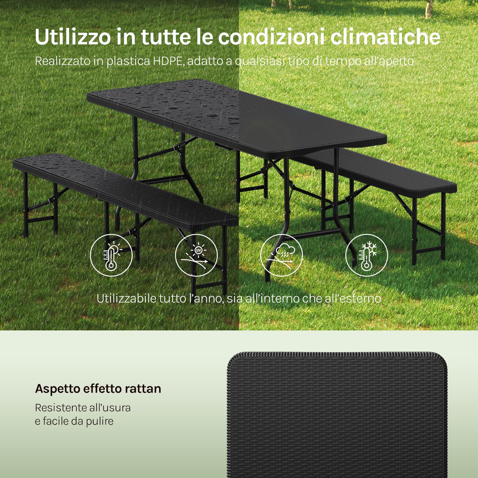 WOLTU Set Birreria 3 Pezzi con Tavolo da Campeggio con 2 Panche Pieghevoli, Set Giardino Esterno Effetto Rattan, Resistente alle Intemperie e Facile da Pulire, per Campeggio, Giardino, Nero