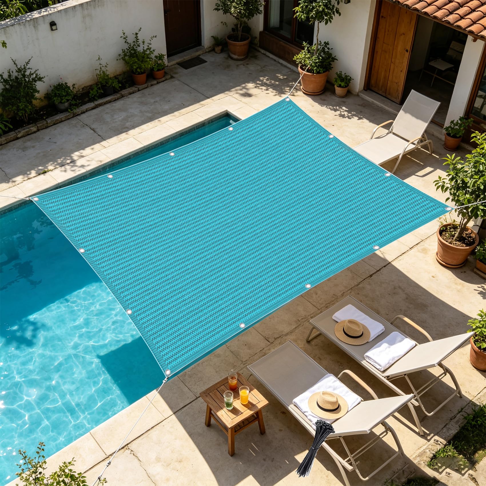Sonnensegel mit Ösen 2 x 2.2 m 100% Polyester Uv-Beständiges, Wetterfest, Ohne Bohren, Leicht Haltbarkeit, Outdoor Schattierungsnetz Balkon mit Ösen für Balkon Terrasse, Blau