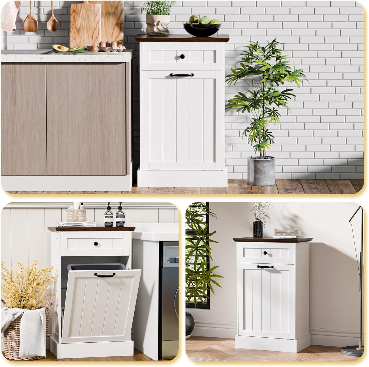 Zamildon's 10 Gallons Tilt Out Trash Cabinet, Freestanding Hidden Garbage Can Cabinet with Drawer, Laundry Hamper Basket for Kitchen, Dining Room (White, 1 x 10-Gallon)