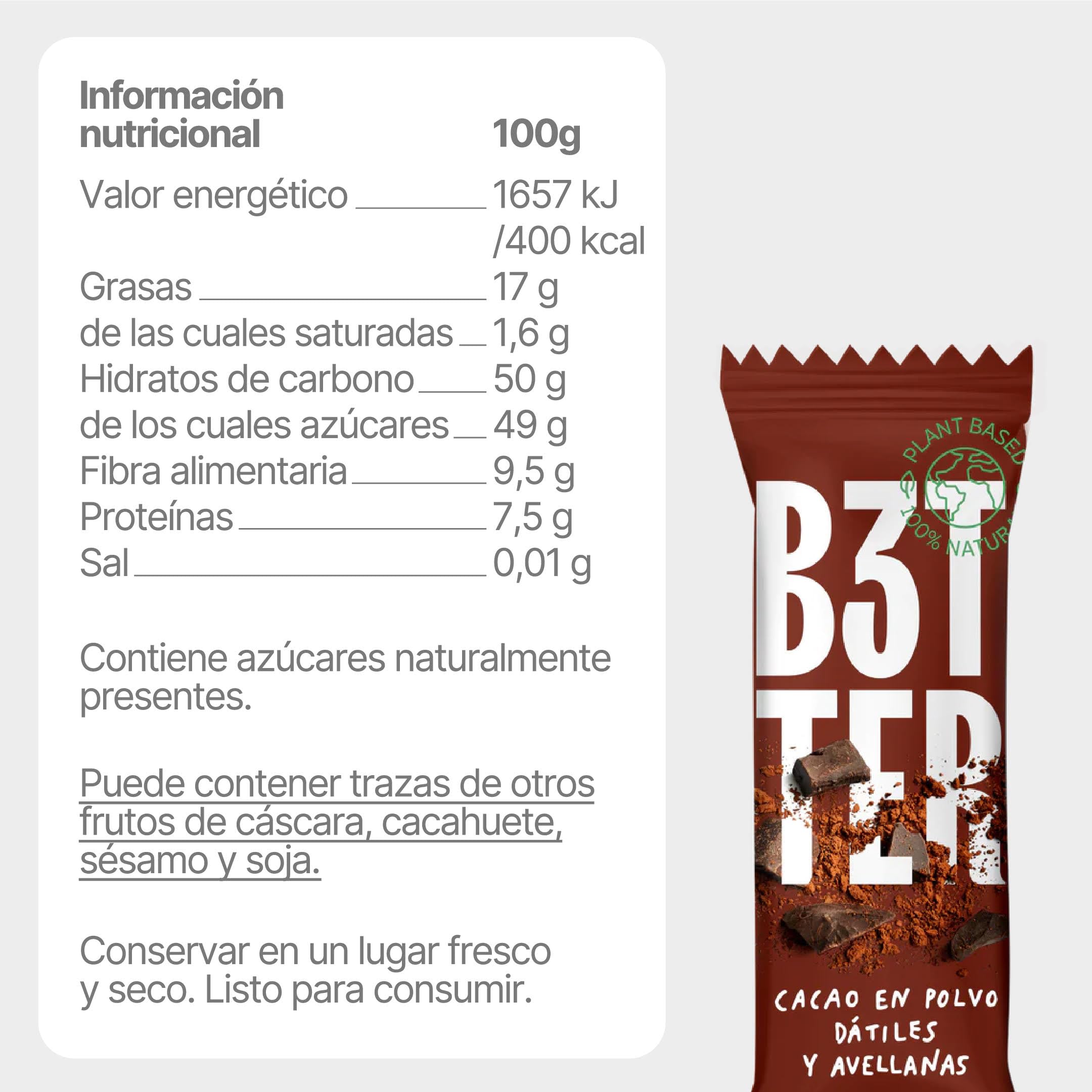 Barritas Proteina B3TTER Cacao - Barritas Energéticas con Ingredientes 100% Naturales - Sin Azúcar Añadido - Pack 15 Unidades - Alto Contenido en Fibra y Proteinas - Sin Gluten