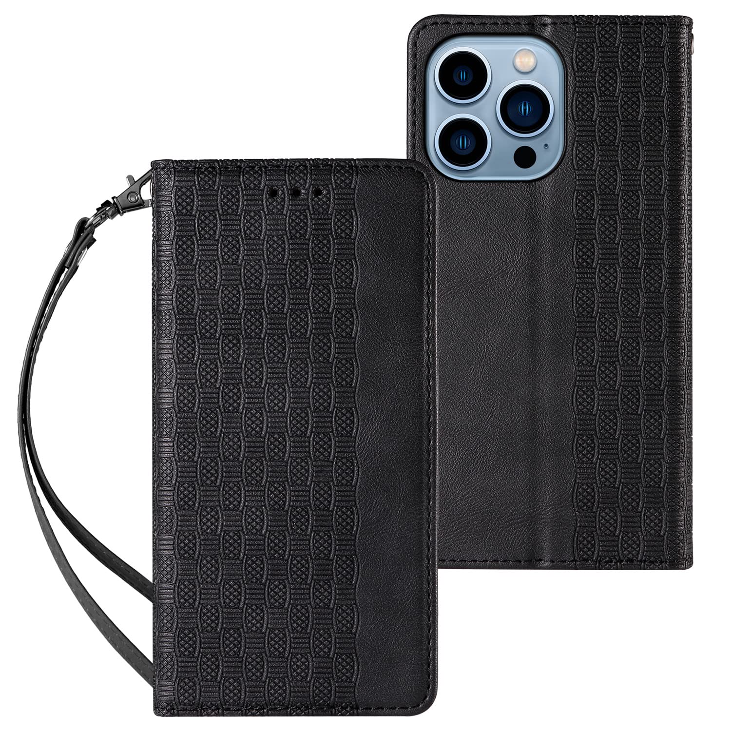 Etui do iPhone 13 Mini/13/13 Pro/13 Pro Max, magnetyczne wysokiej jakości skóra PU, portfel etui z przegródkami na karty, podpórka, funkcja smyczy, etui z klapką, czarne, 13 Mini 5,4"