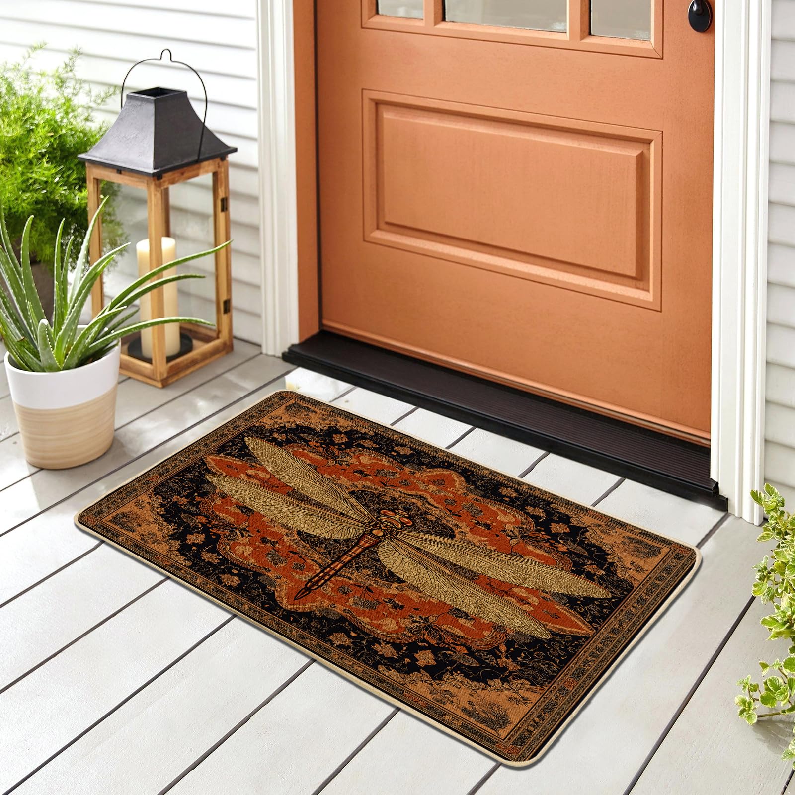 Tapis essuie-pieds noir motif fleurs vintage et insectes ultra fin