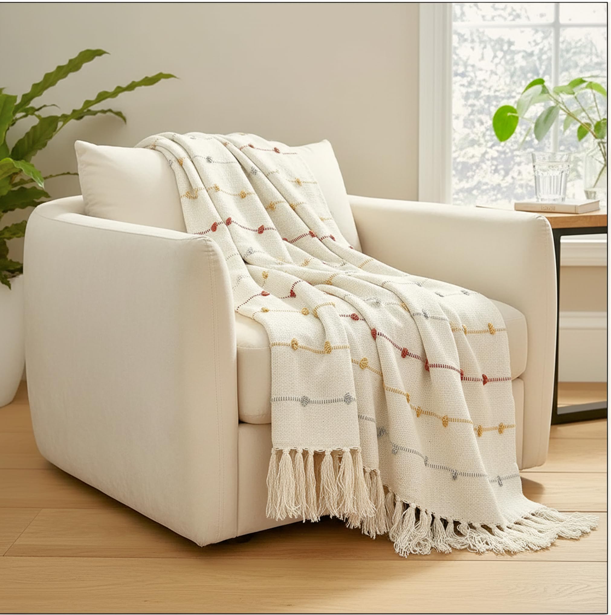 SAJAVAT HOME Hand-Knitted Cotton Sofa Throw | All-Season Throw Blanket for Sofa, Bed, Couch, Chair & Travel | 80×52 Inches (204×132 cm) | Beige Multi with Tassels | Pack of 1