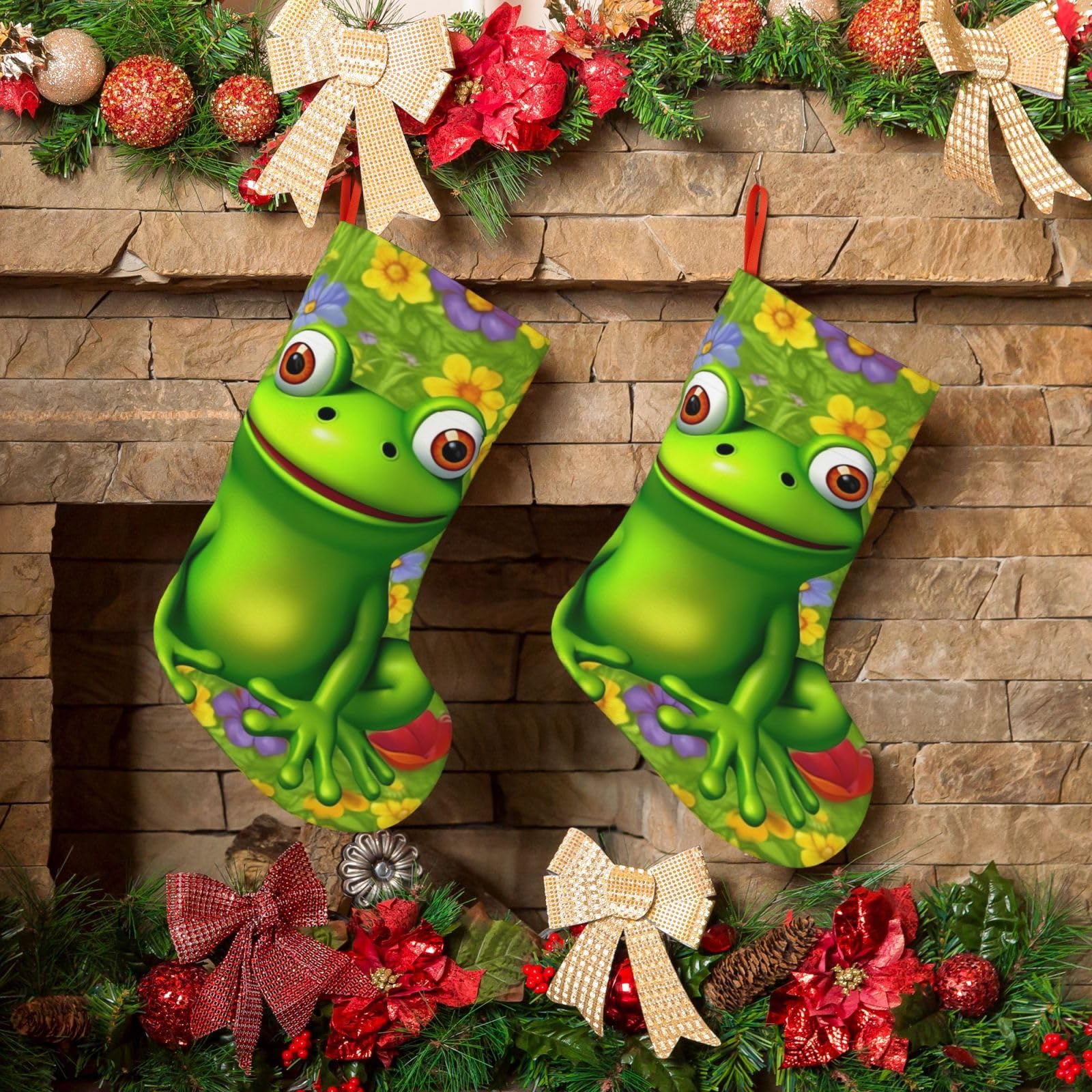 KLOPH Christmas Stockings 18" Personalized Xmas Stocking Frog Decoration Stocking Hanging Fireplace Stocking for Holiday Xmas Tree Christmas Fireplace Decor