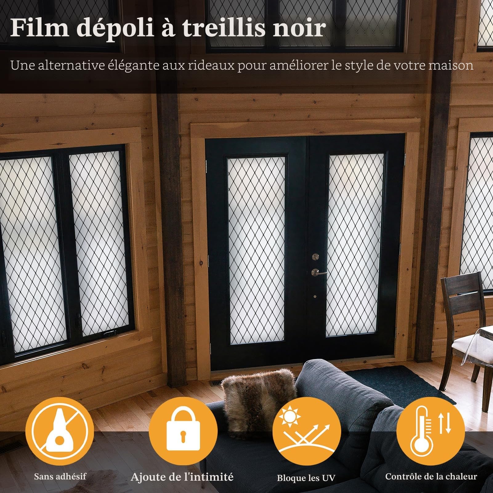 Film Dépoli pour Vitre à Treillis Noir, Film Intimité, 90x400cm | Film de Vitrage Dépoli Répositionnable, Film Décoratif pour Vitre, Électrostatique, Anti-UV pour Maison, Bureau