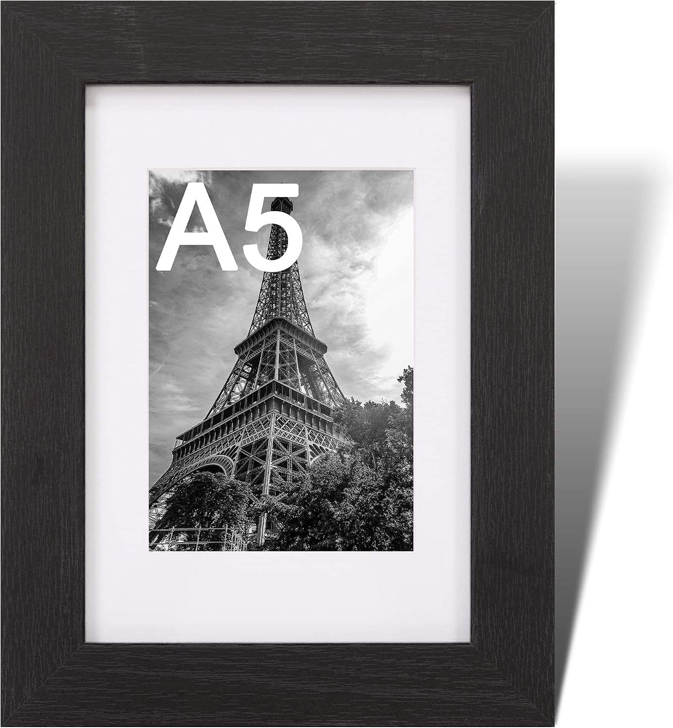 Fabian Clarke London® A5 Modern Black Wooden Picture Photo Frame with White A6 Mount Includes Safety Glass Front Hang Portrait or Landscape