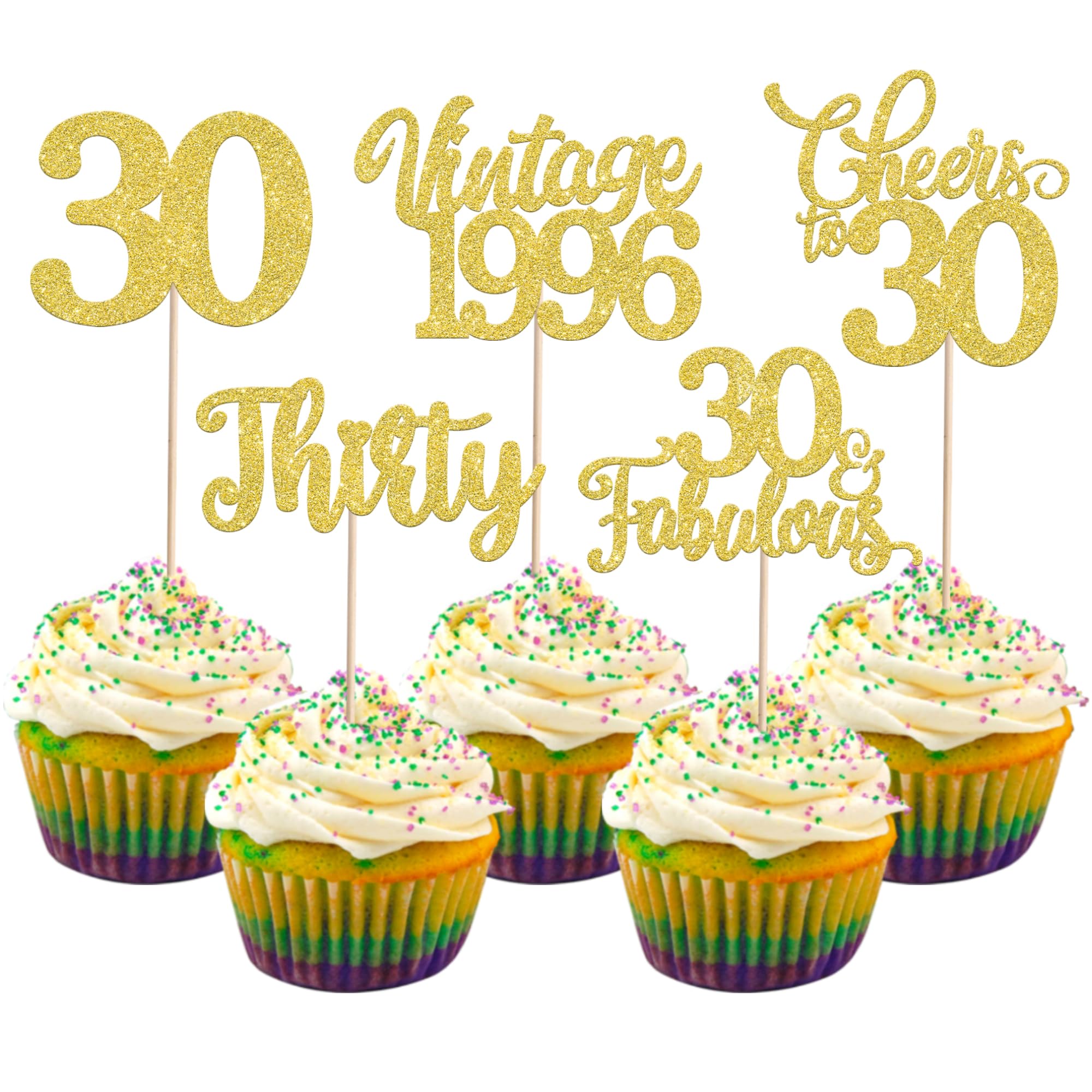 SYKYCTCY 30 Pack Vintage 1996 Cupcake Toppers Glitter Hello 30 Thirty Happy 30th Birthday Cupcake Picks Cheers to 30 Fabulous Cake Decorations for 30th Birthday Wedding Anniversary Party Supplies