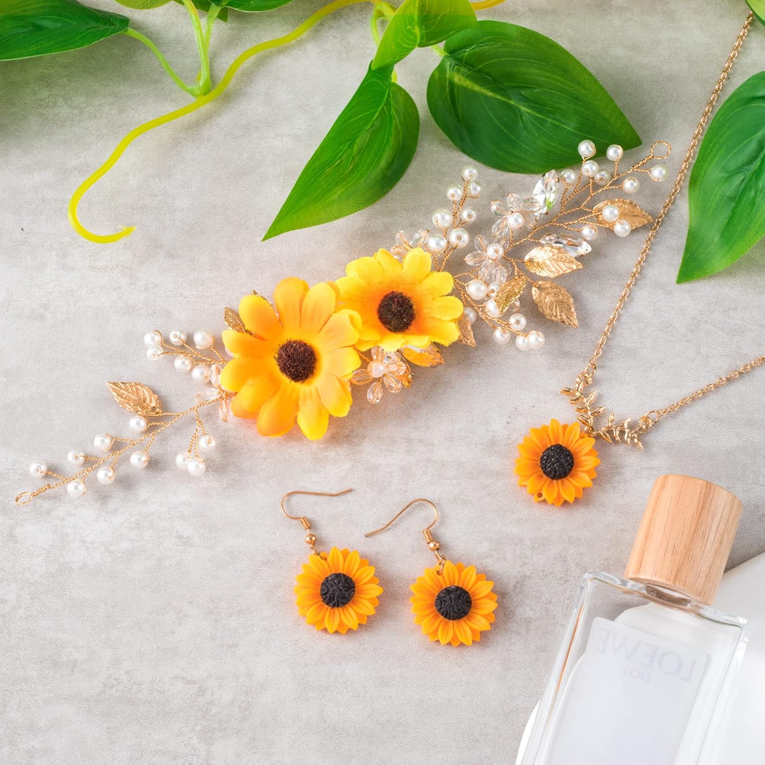 OIIKI Sunflower Bridal Accessories Kit, Wedding Sunflower Headband, Bridal Sunflower Necklace Earrings, Flower Crystal Hair Vine Decorative Clips for Women, Parties - Image 3