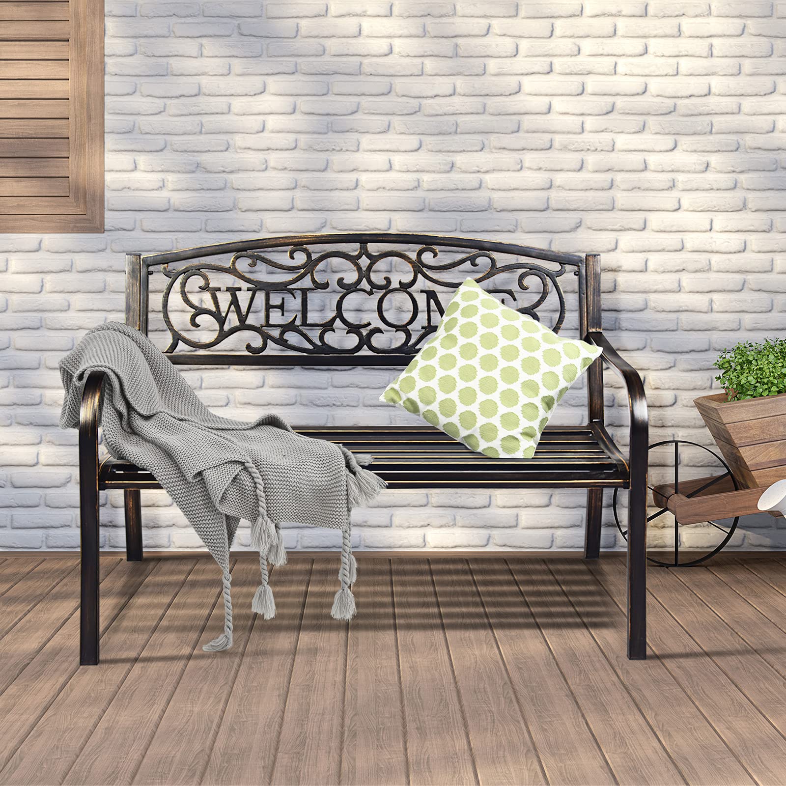 GOPLUS Banc Exterieur Jardin, 127 x 63 x 89 CM, Place pour 2 Personnes, Banquette Exterieur de Cadre en Métal, Charge 320KG, Dossier Ajouré avec Motif Mot, Idéal pour Patio, Piscine (Bronze)