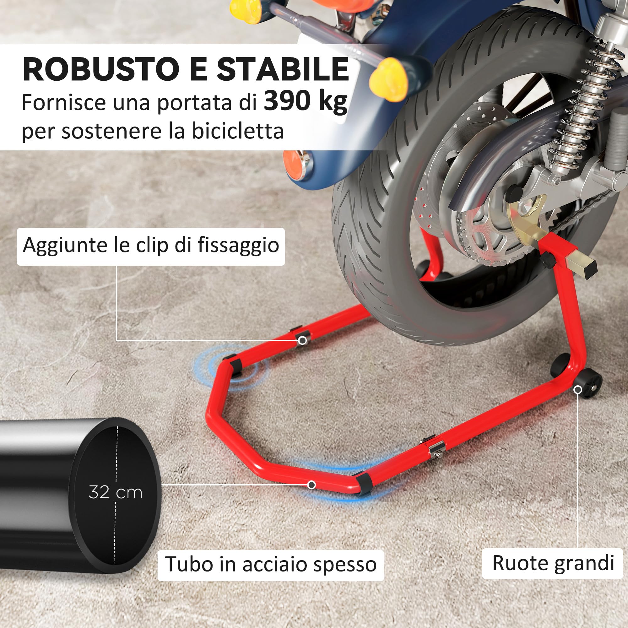 HOMCOM Cavalletto Moto Convertibile Anteriore Posteriore con Forcelle a U e L Supporto per Moto Regolabile Portata 390 kg dotato di Rotelle e Cuscinetti Antiscivolo per Officina e Garage Rosso