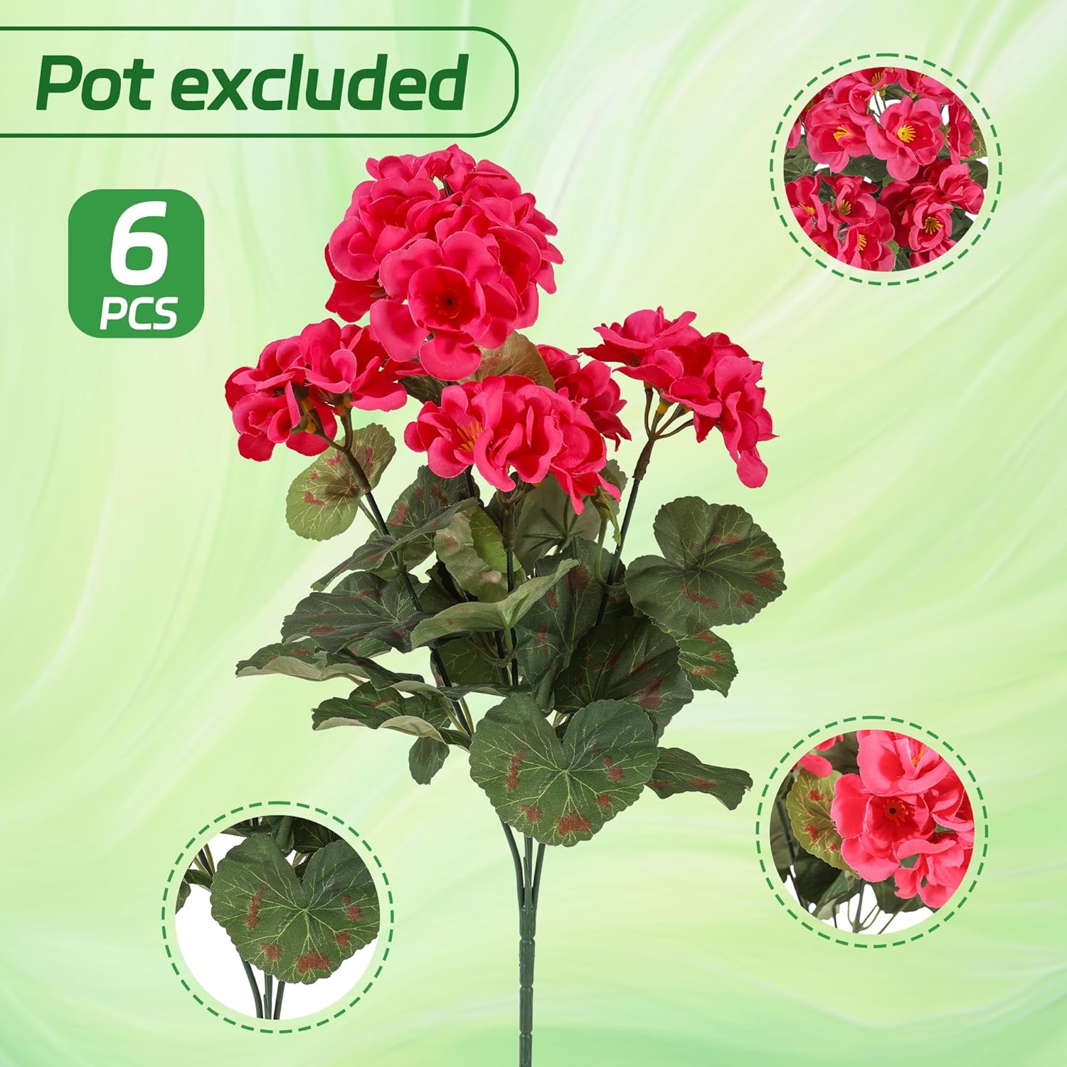 Apexion Artificial Geranium Flowers for Outdoors, 6 pcs Silk Geraniums Fake Flowers UV Resistant Faux Plants for Front Door Garden Porch Planter Decoration (Hotpink)