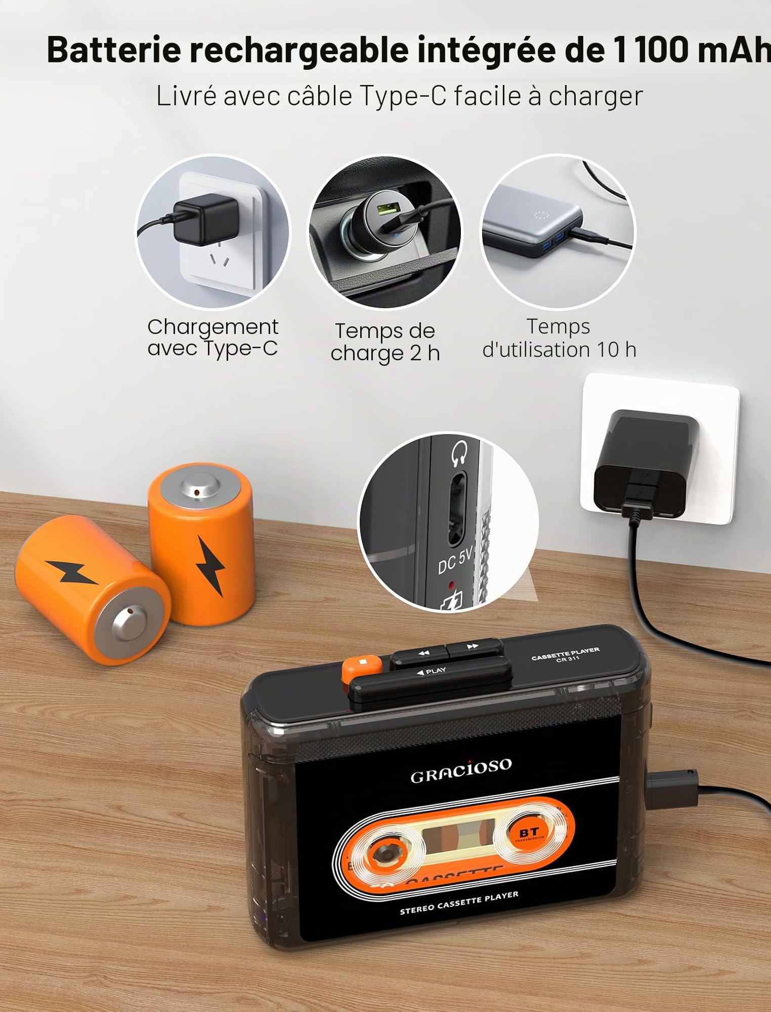 Lecteur cassette Bluetooth avec batterie rechargeable de 1100 mAh, lecteur cassette compact vintage avec écouteur, lecteur microcassette avec clip arrière pour la maison, le parc (Noir)