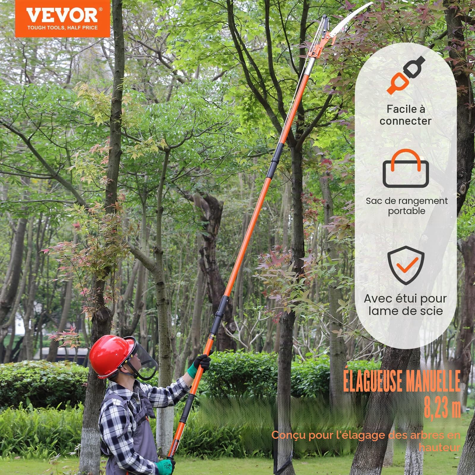 VEVOR Scie à Élaguer Télescopique 2,24-8,24 m Scie à Perche Extensible Lame en Acier Tranchant Scie d'Élagage avec 8 Poteaux Fibre de Verre Ciseaux Coupe Branches Hautes pour Élagage Palmiers Arbustes