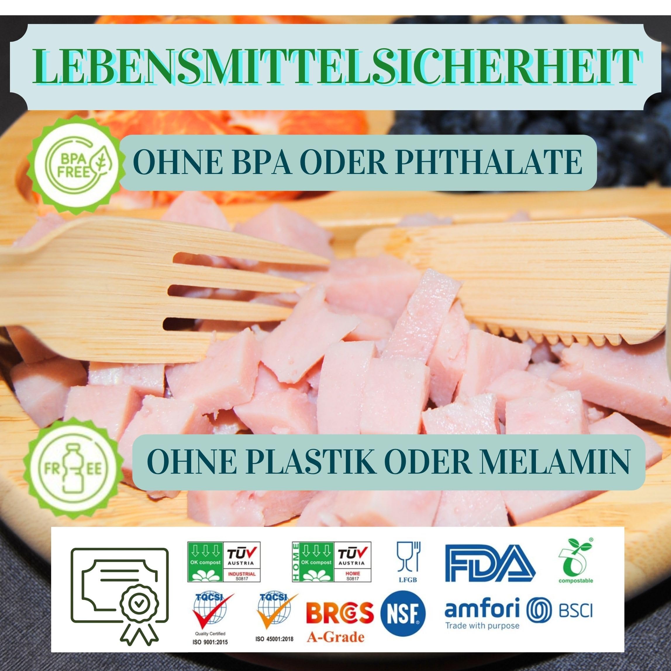 XL 300 Besteck-Set, Bambus, umweltfreundlich, kompostierbar, wiederverwendbar. Kein Holz Geshmack – 100 Gäste (Gabel 16cm/Messer 16cm/Dessertlöffel 14cm). Picknick, Grill, Party, Camping @Claudi Home