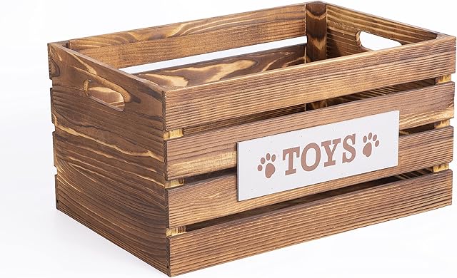 Paw Print Wooden Pet Toys Storage Box Collection Basket Wooden Crates Dog Gift Hampers (Honey Brown, Medium)