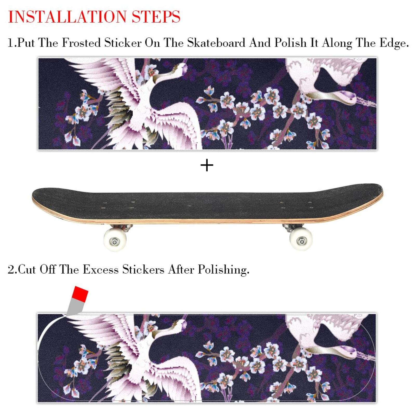 Lot de 2 feuilles de papier abrasif pour planche de skateboard Motif grue Blanc