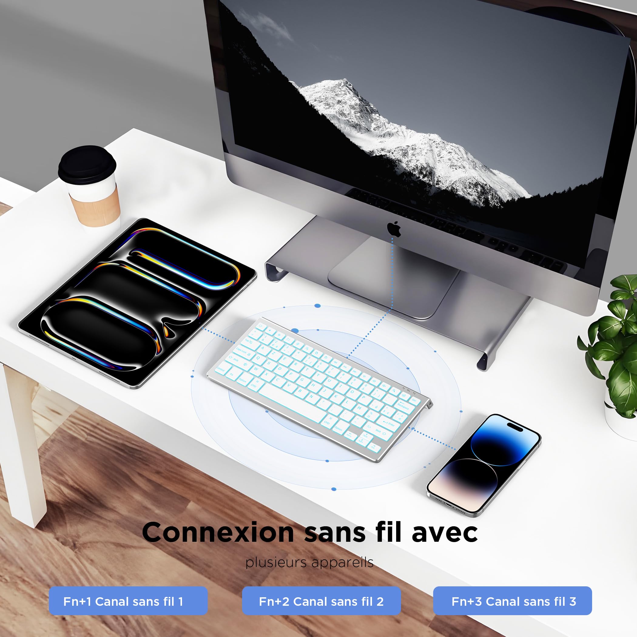 CACOE Clavier Bluetooth pour MacOS, iPadOS et iOS, Éclairage 7 Couleurs, Bluetooth 3 Canaux, pour iPad 10e Génération/iPad Air/Pro/Mac Mini, AZERTY Clavier Mac, Argent