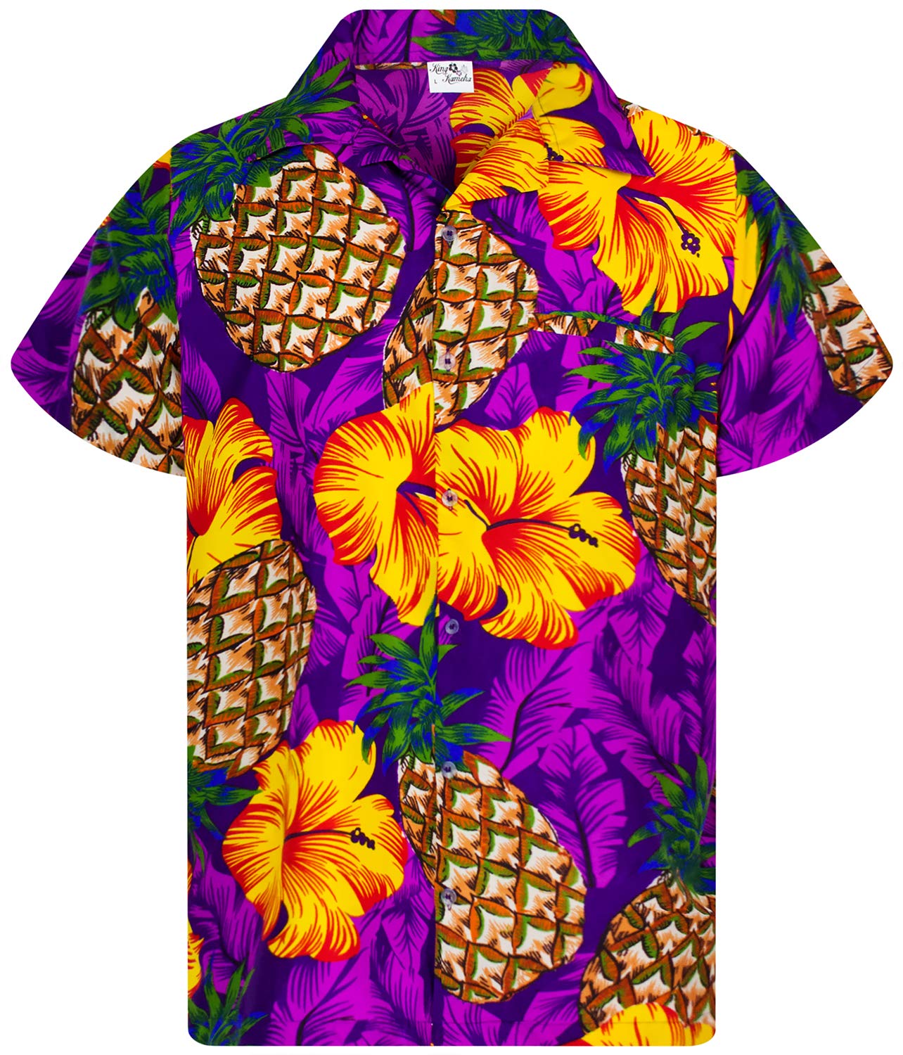 KING KAMEHA Men's Pineapple-Flower-Desings Summer-Party-Shirts Short-Sleeve Button-Down Casual-Shirts