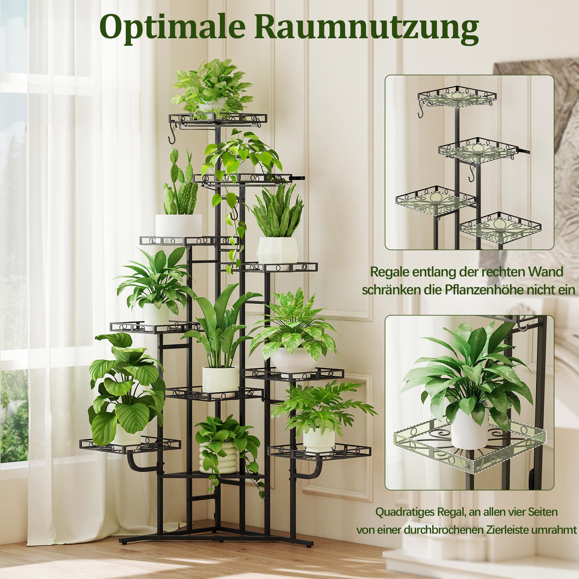 Quikraen Pflanzenständer mit Wachstumslicht, 9 Ebenen, 150cm, Schwarz | mit licht, L-förmiges Design, Rostbeständigen, Outdoor & Indoor, Für Wohnzimmer, Für Garten, Für Balkon, Einfacher Aufbau