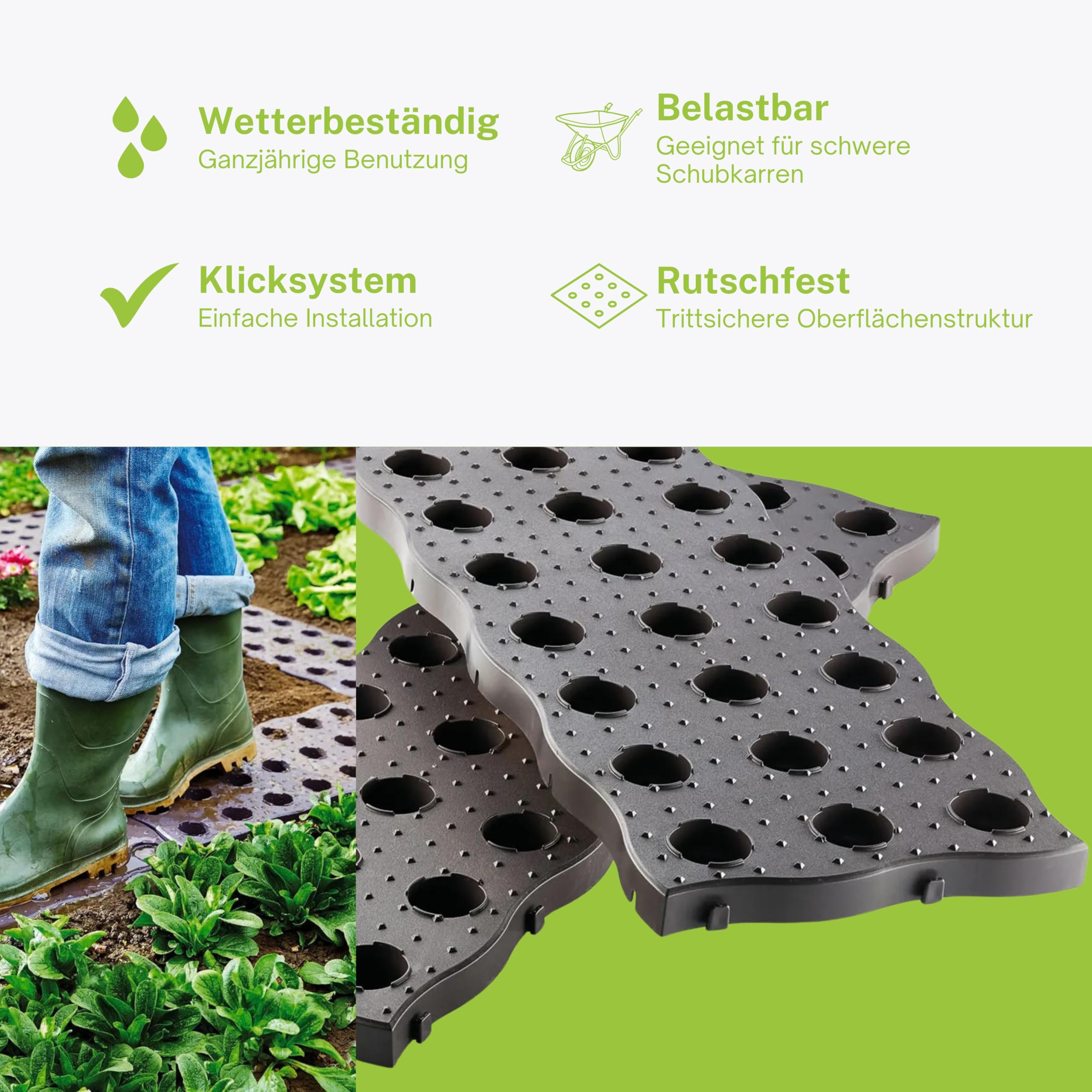 UPP Beetplatten, Gartenplatten Maxi 4 Stück- rutschfest, Trittsicher, Wetterfest - Modular erweiterbar mit einfachem Klicksystem, flexibel einsetzbar im Beet, Gewächshaus - 70x24x2,5 cm